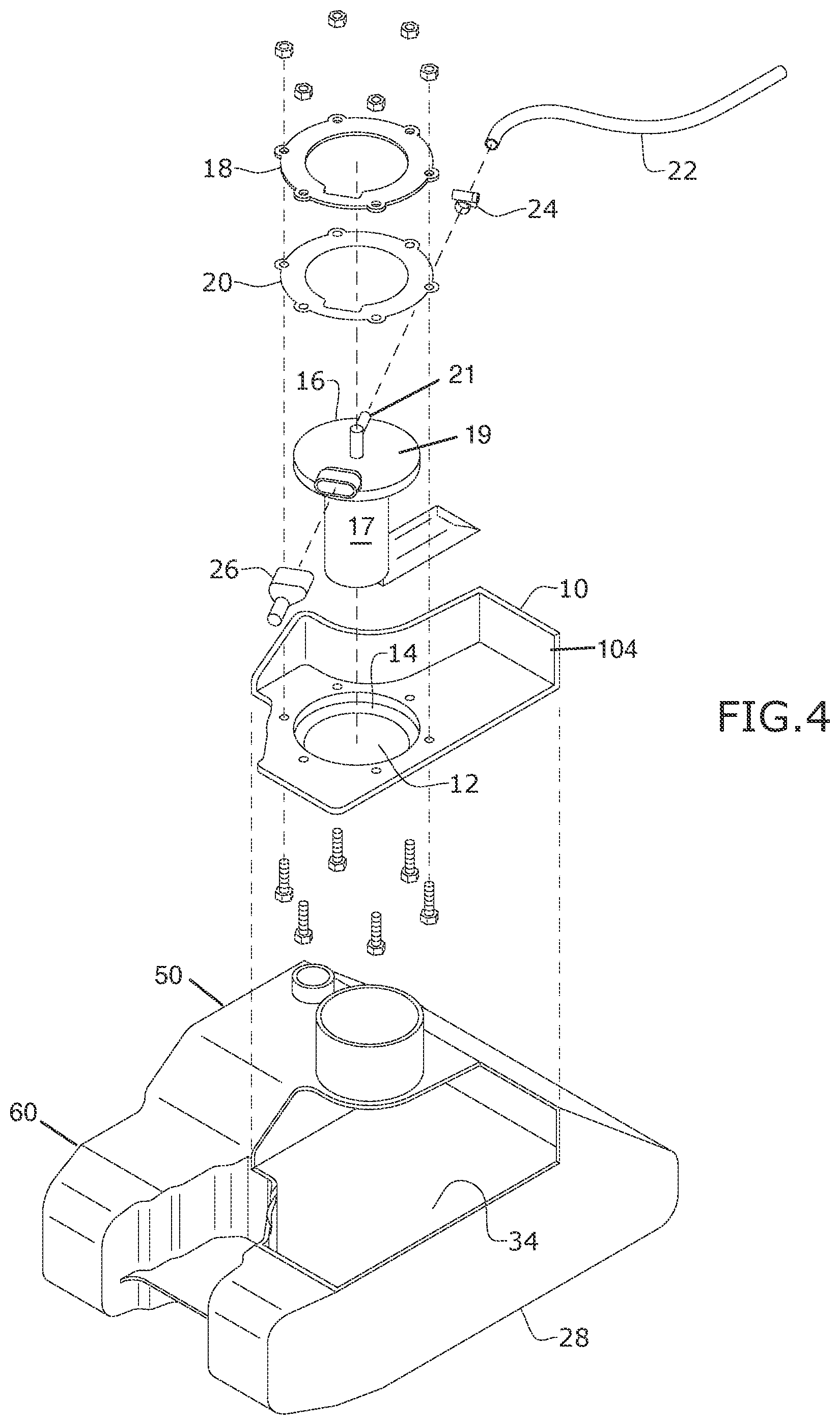 Patent US12103379 Figure 3 – Modified gas tank with built-in fuel pump with internal regulator adapted for utility, off-road, and all-terrain vehicles and a method of installing the same