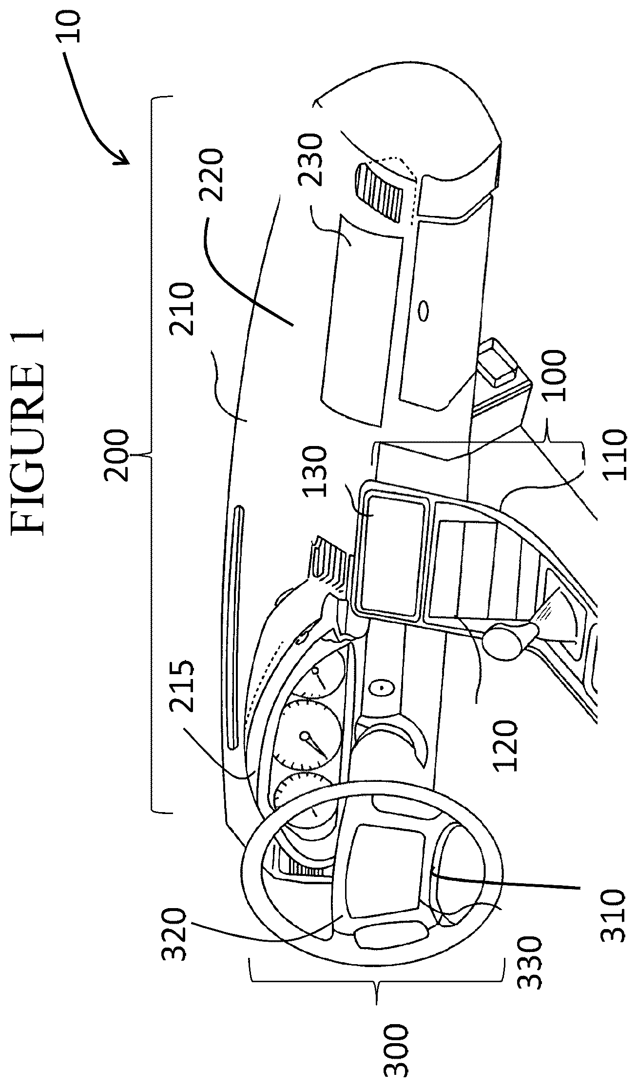 Patent US12103397 Figure 1 – Vehicle interior systems having a curved cover glass with improved reliability and methods for forming the same