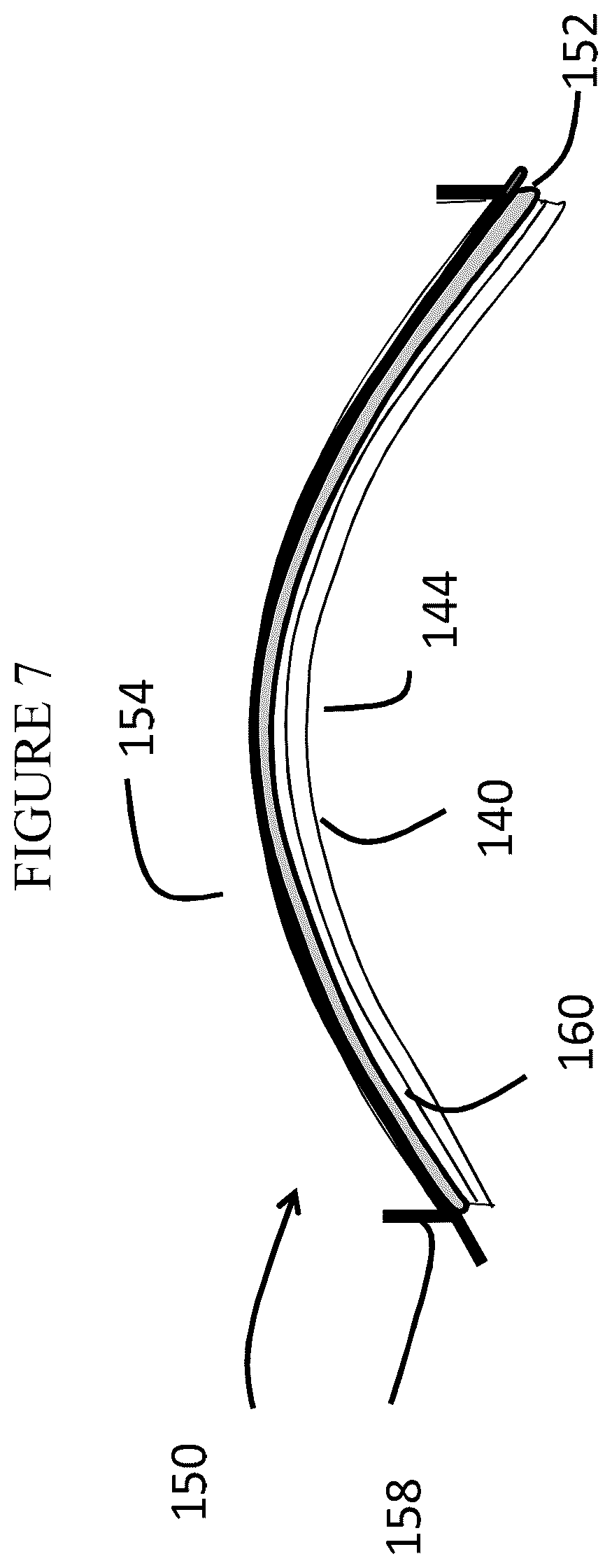 Patent US12103397 Figure 7 – Vehicle interior systems having a curved cover glass with improved reliability and methods for forming the same