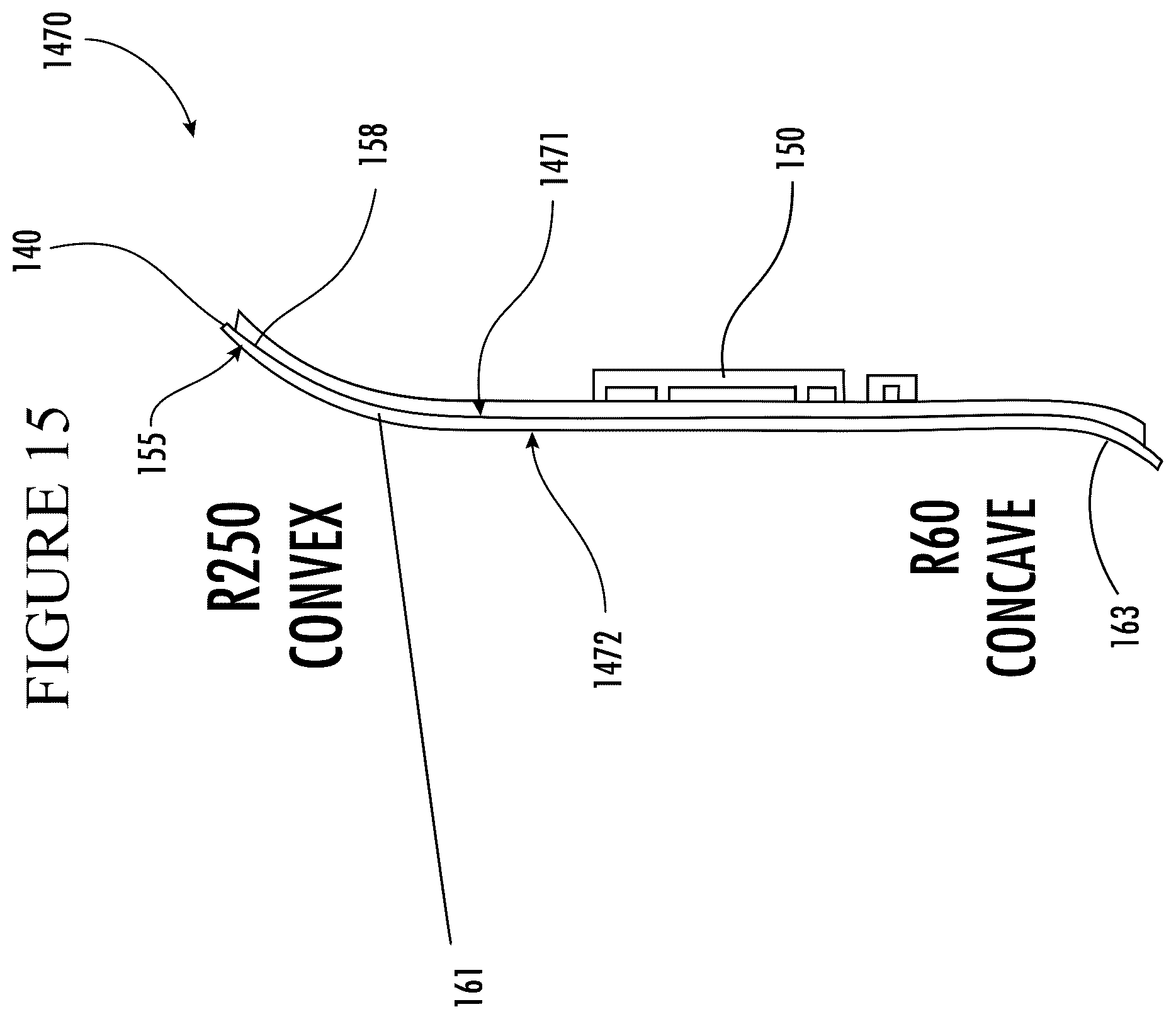 Patent US12103397 Figure 15 – Vehicle interior systems having a curved cover glass with improved reliability and methods for forming the same