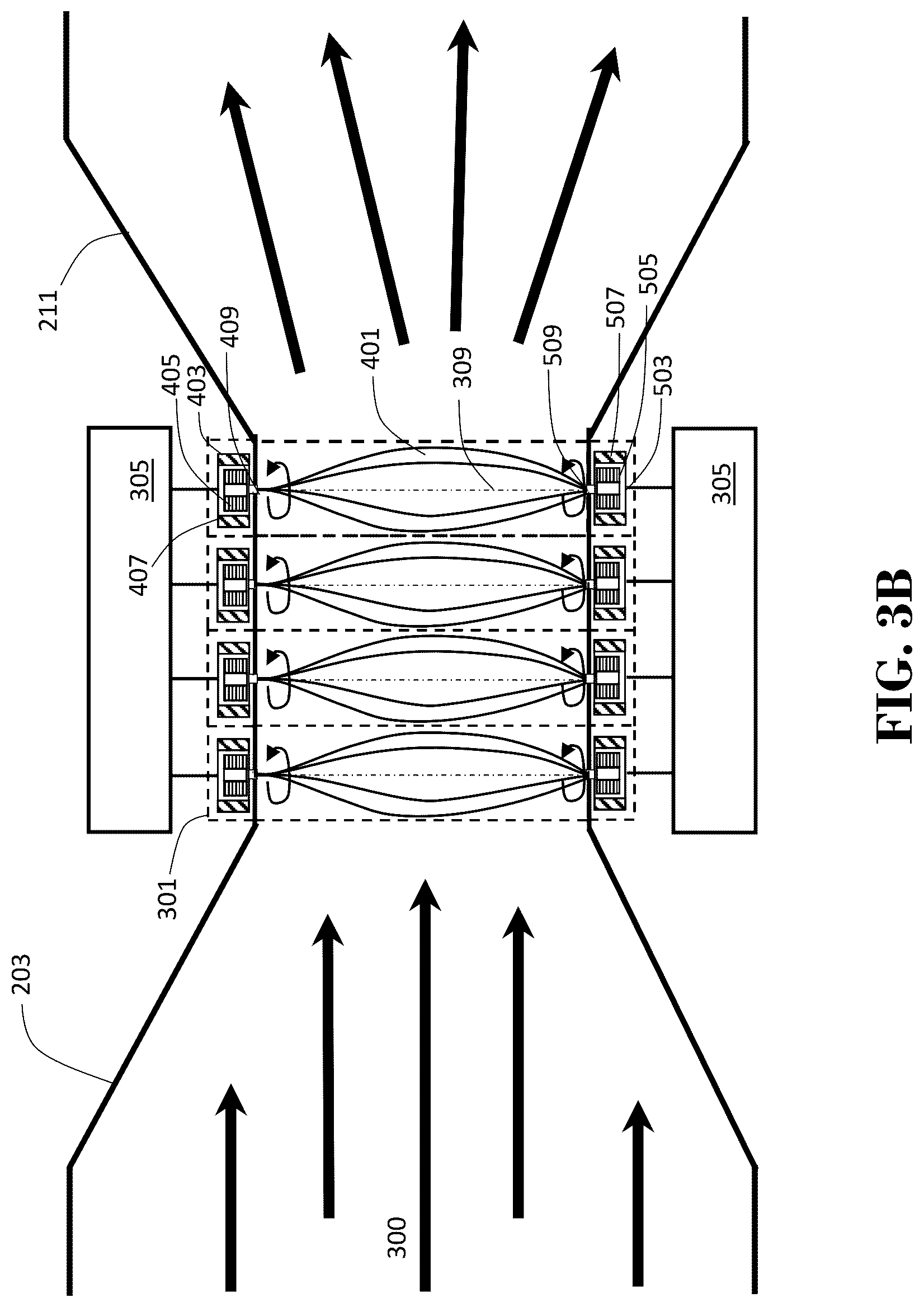 Patent US12103434 Figure 4 – Apparatus for harvesting electrical energy from air flow in a moving vehicle using piezoelectric flag sheets in a Venturi system