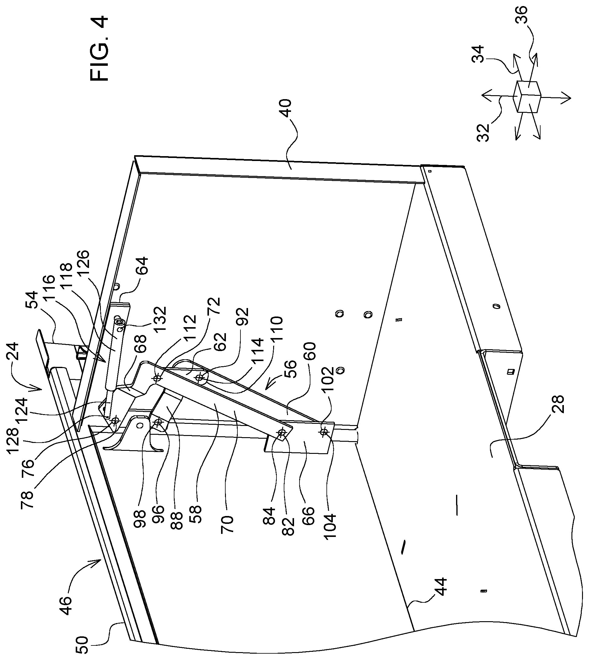 Patent US12103467 Figure 4 – Uplift twine box door linkage system for baler implement
