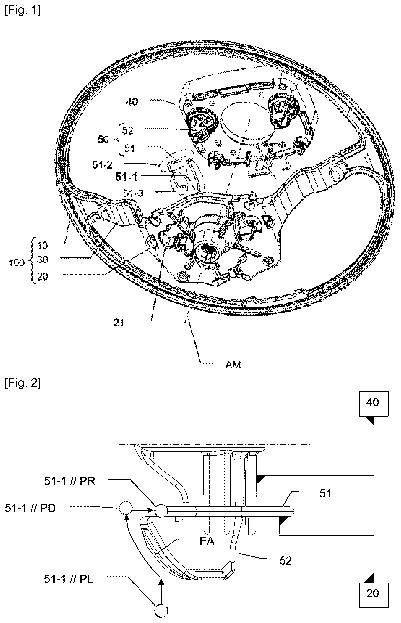 Patent US12103483 Figure 1 – Device for retaining a vehicle steering wheel safety module