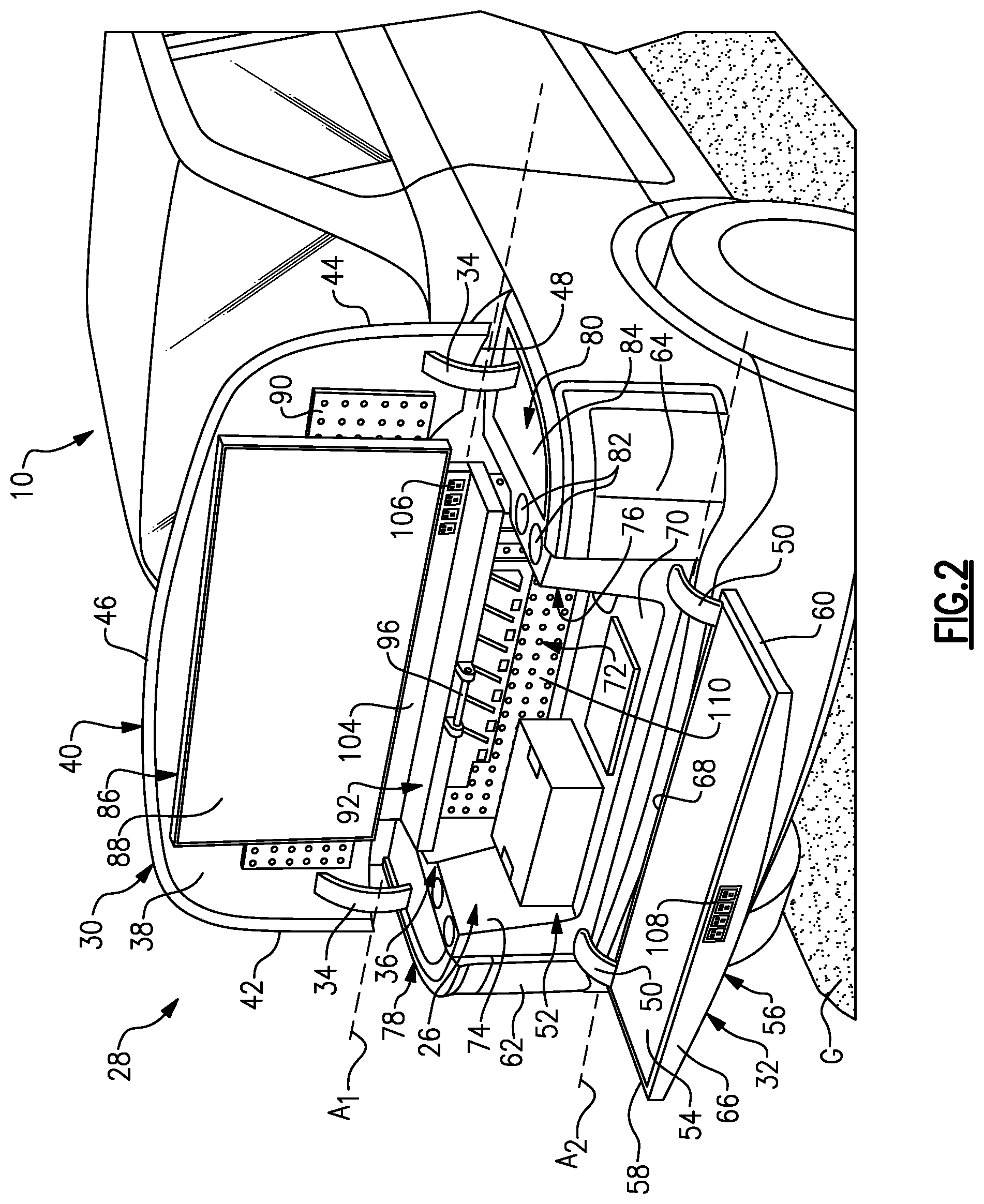 Patent US12103495 Figure 2 – Front trunk including features for work and entertainment purposes