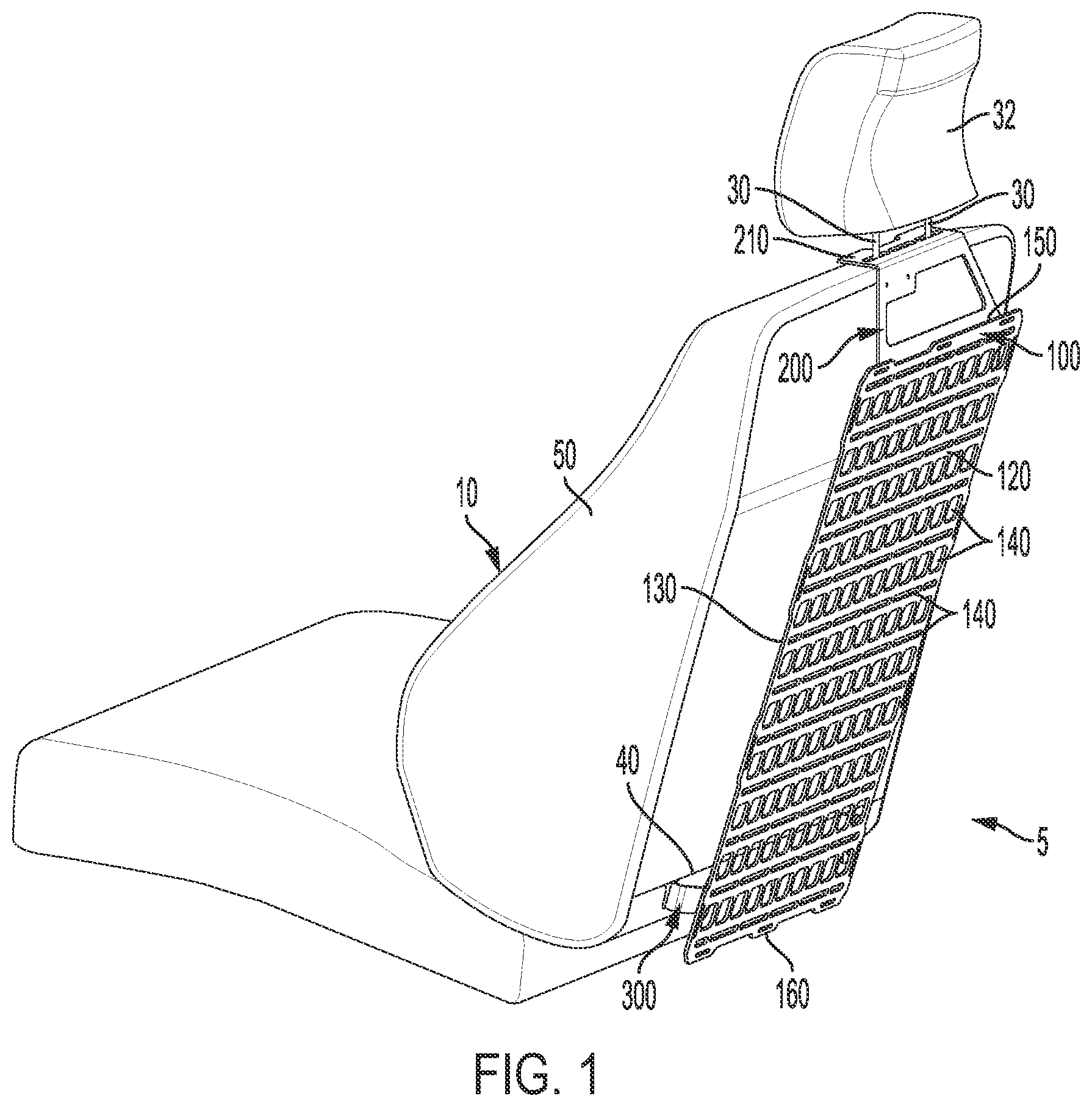 Patent US12103497 Figure 1 – System for attaching a storage panel to a vehicle seat