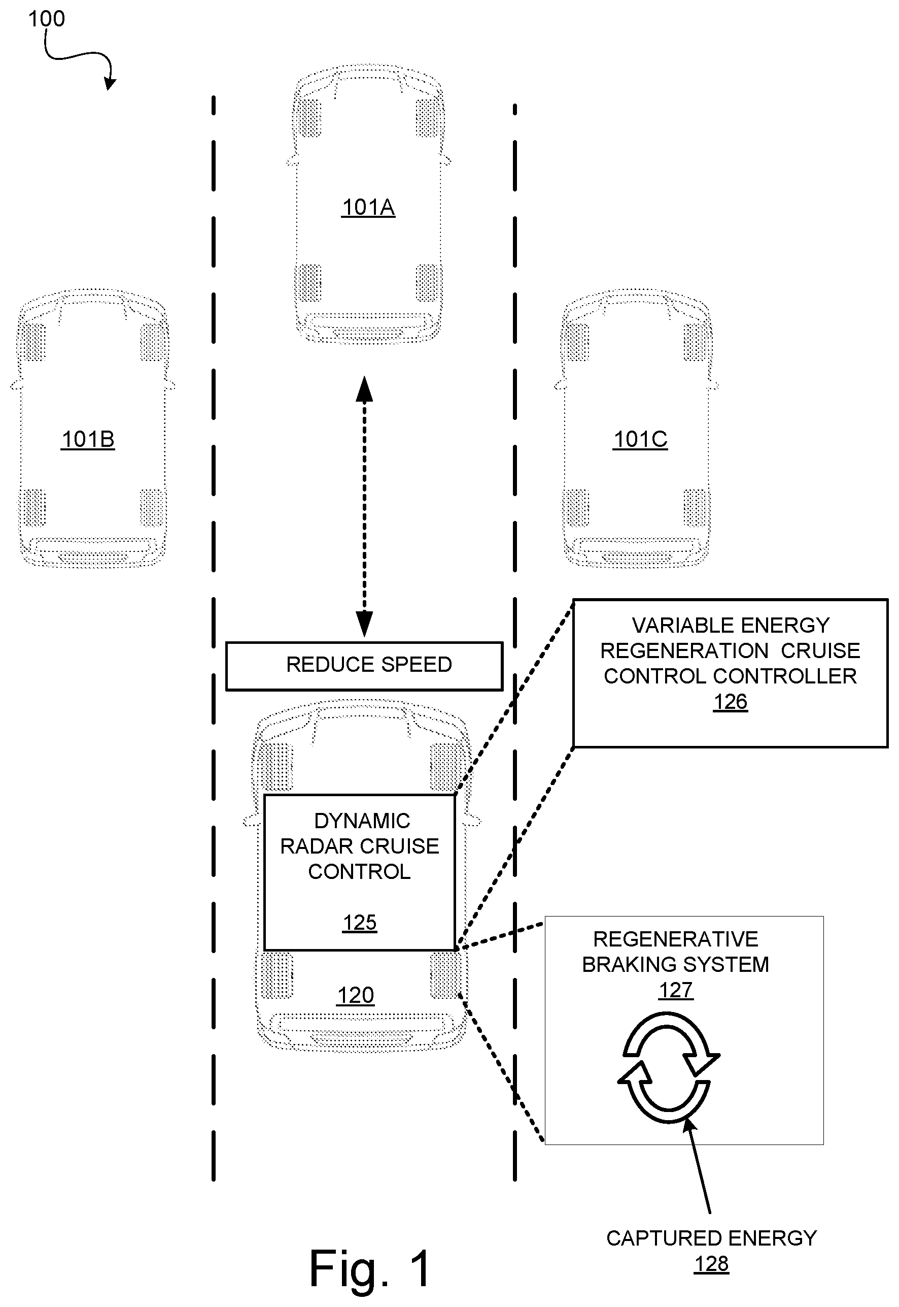 Patent US12103533 Figure 1 – Systems and methods for variable energy regeneration cruise control