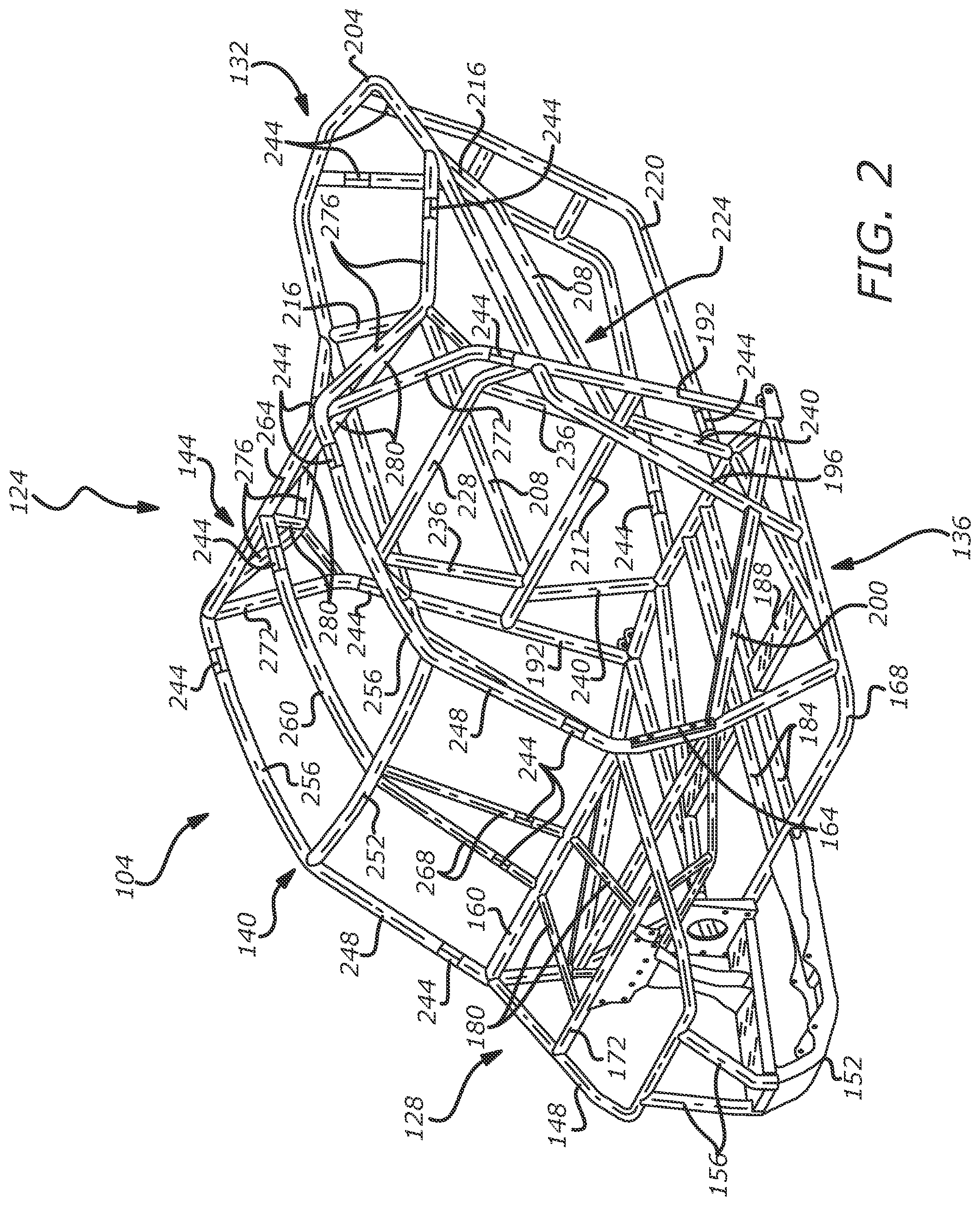 Patent US12103593 Figure 2 – Rear strut gusset plates for reinforcing an off-road chassis