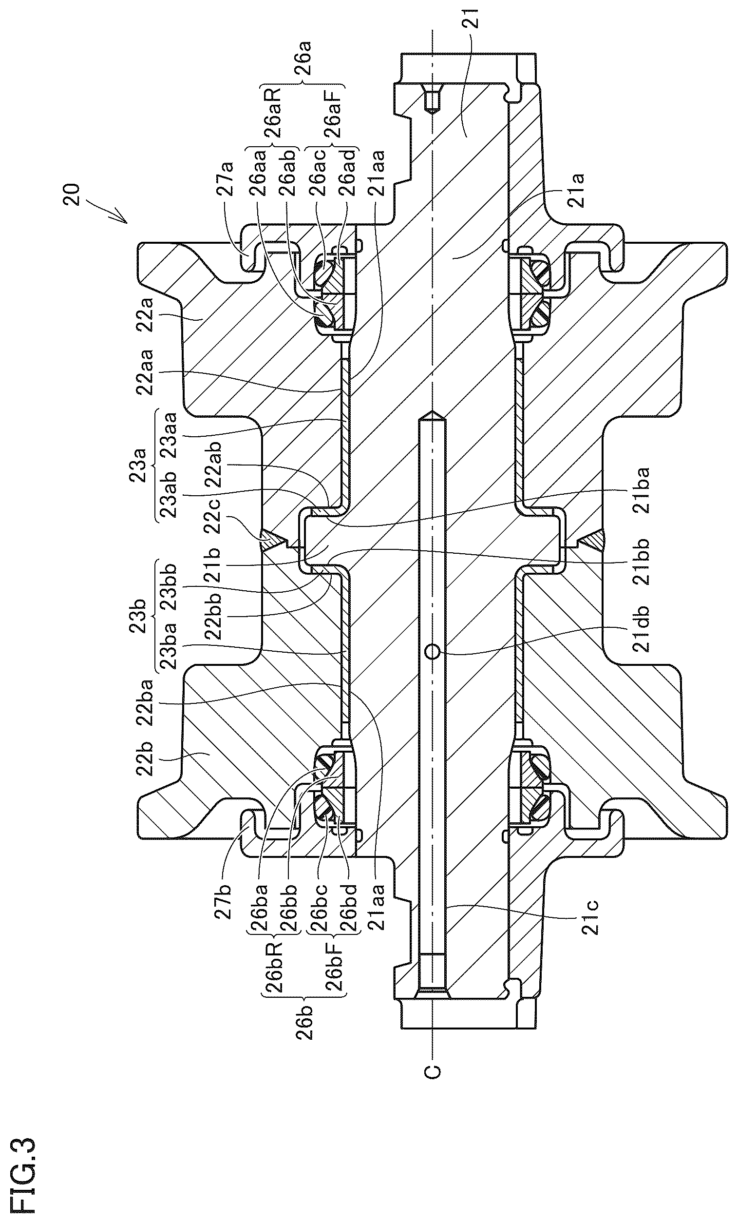 Patent US12103612 Figure 3 – Roller unit of crawler travel unit, crawler travel unit, and work machine