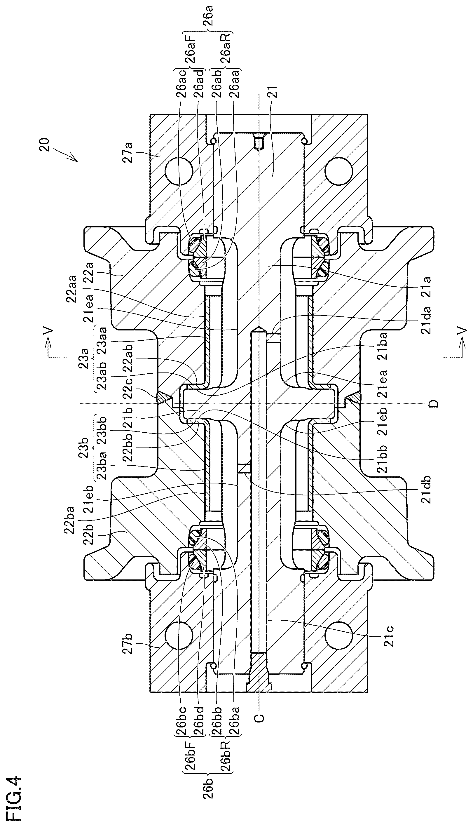 Patent US12103612 Figure 4 – Roller unit of crawler travel unit, crawler travel unit, and work machine