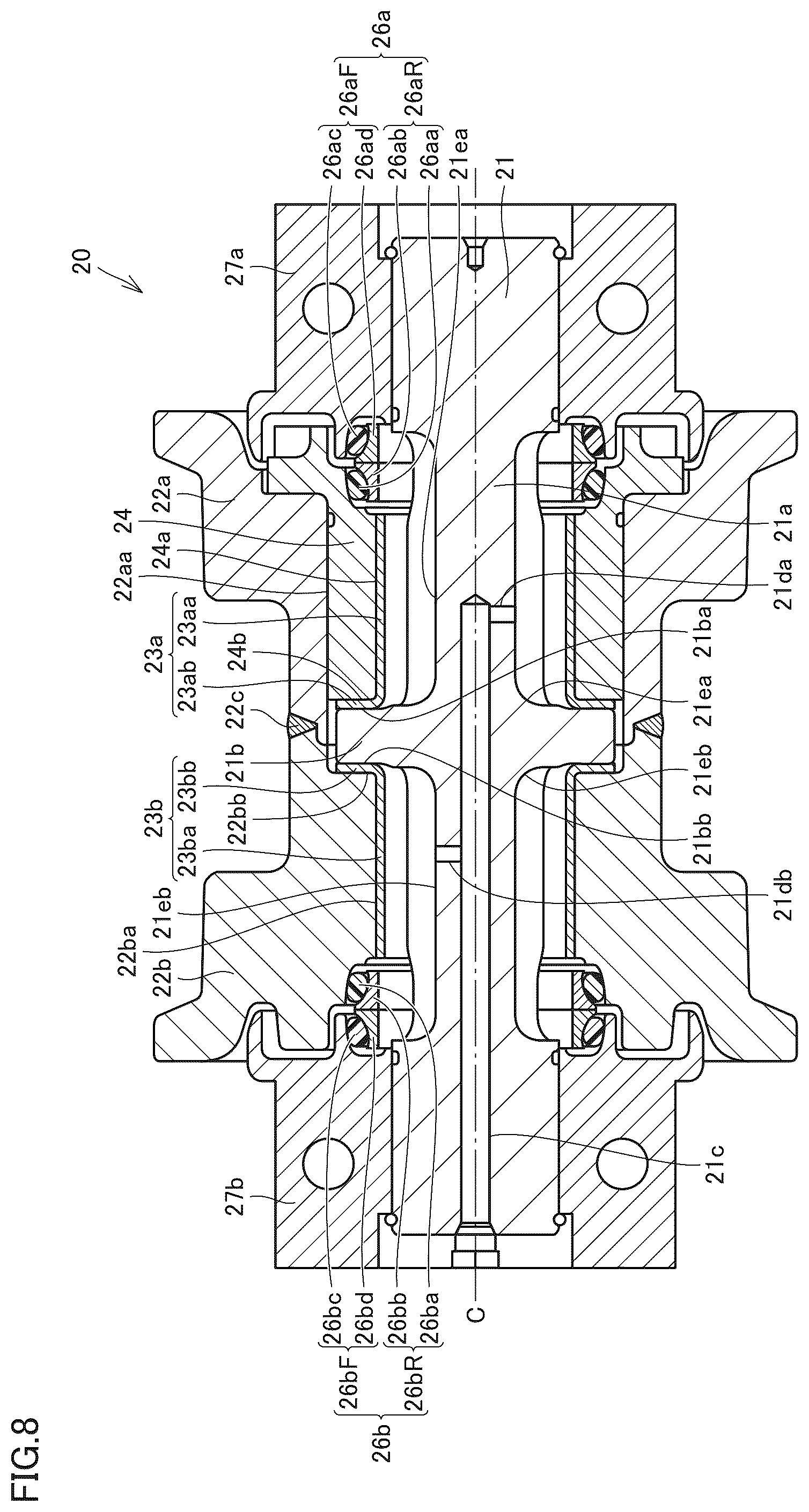 Patent US12103612 Figure 8 – Roller unit of crawler travel unit, crawler travel unit, and work machine