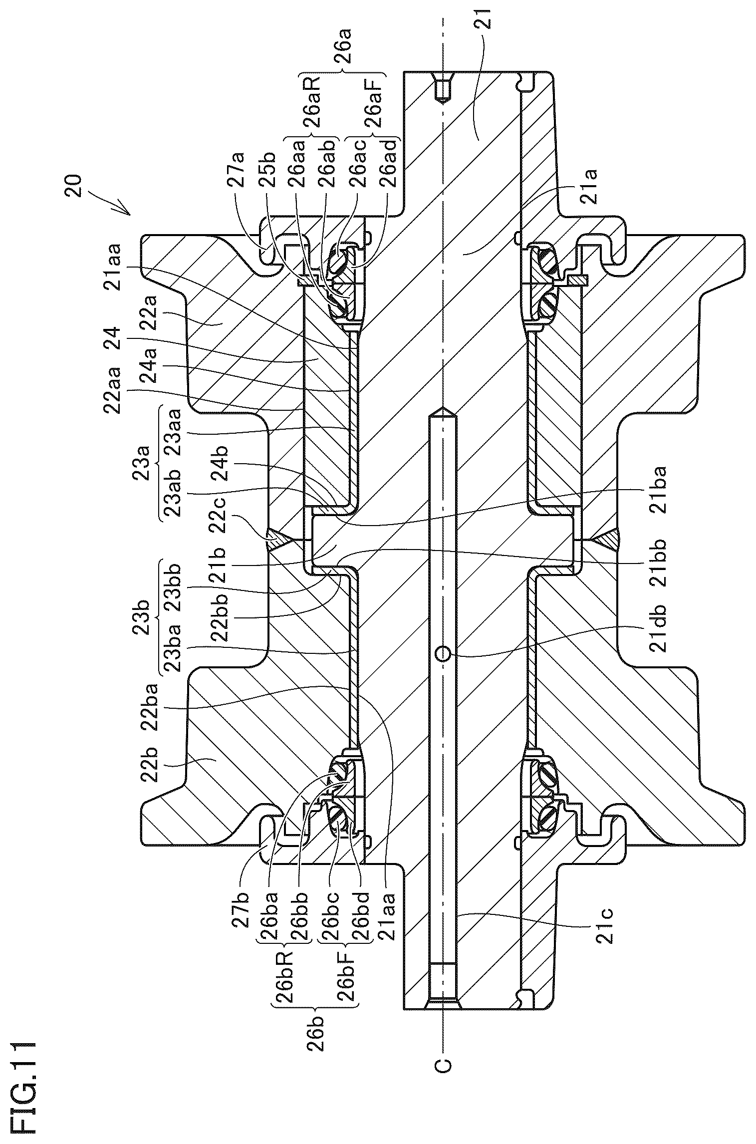 Patent US12103612 Figure 11 – Roller unit of crawler travel unit, crawler travel unit, and work machine