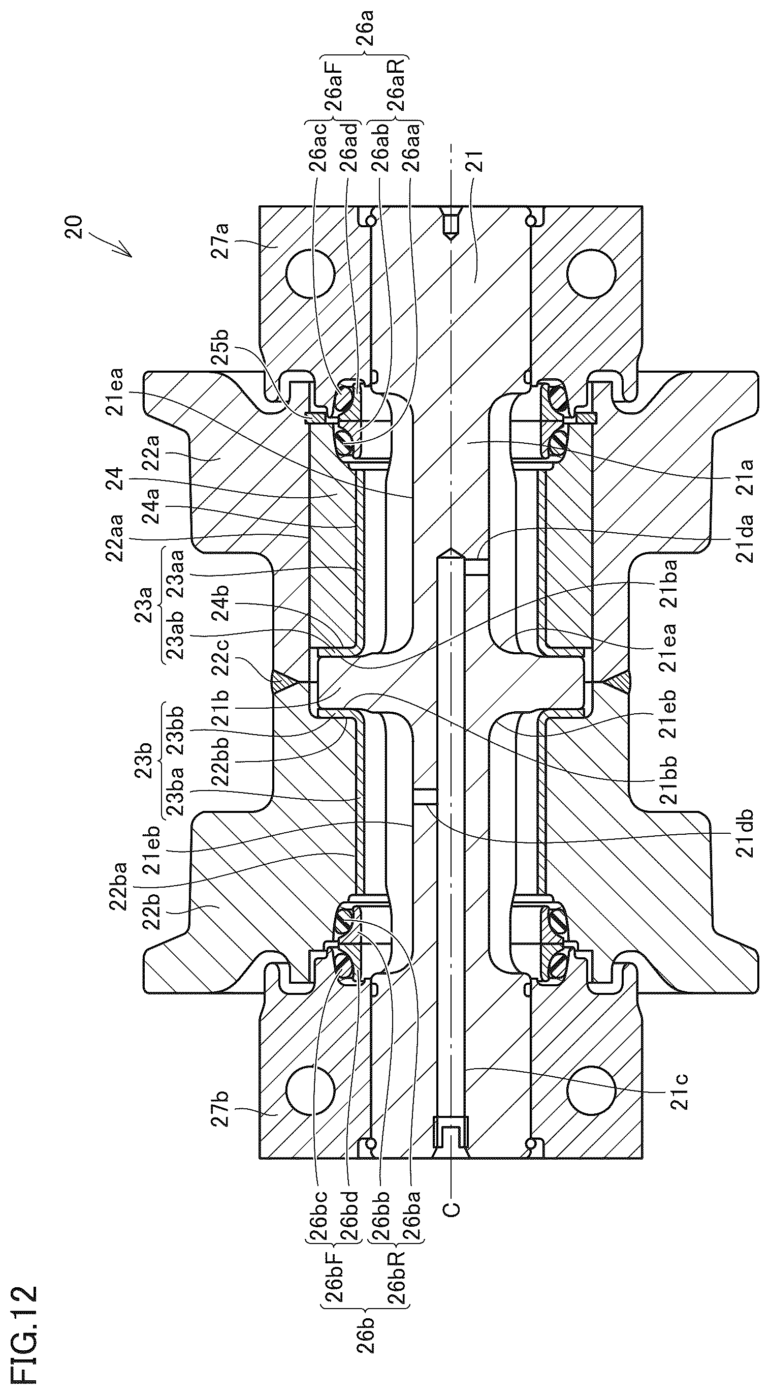 Patent US12103612 Figure 12 – Roller unit of crawler travel unit, crawler travel unit, and work machine