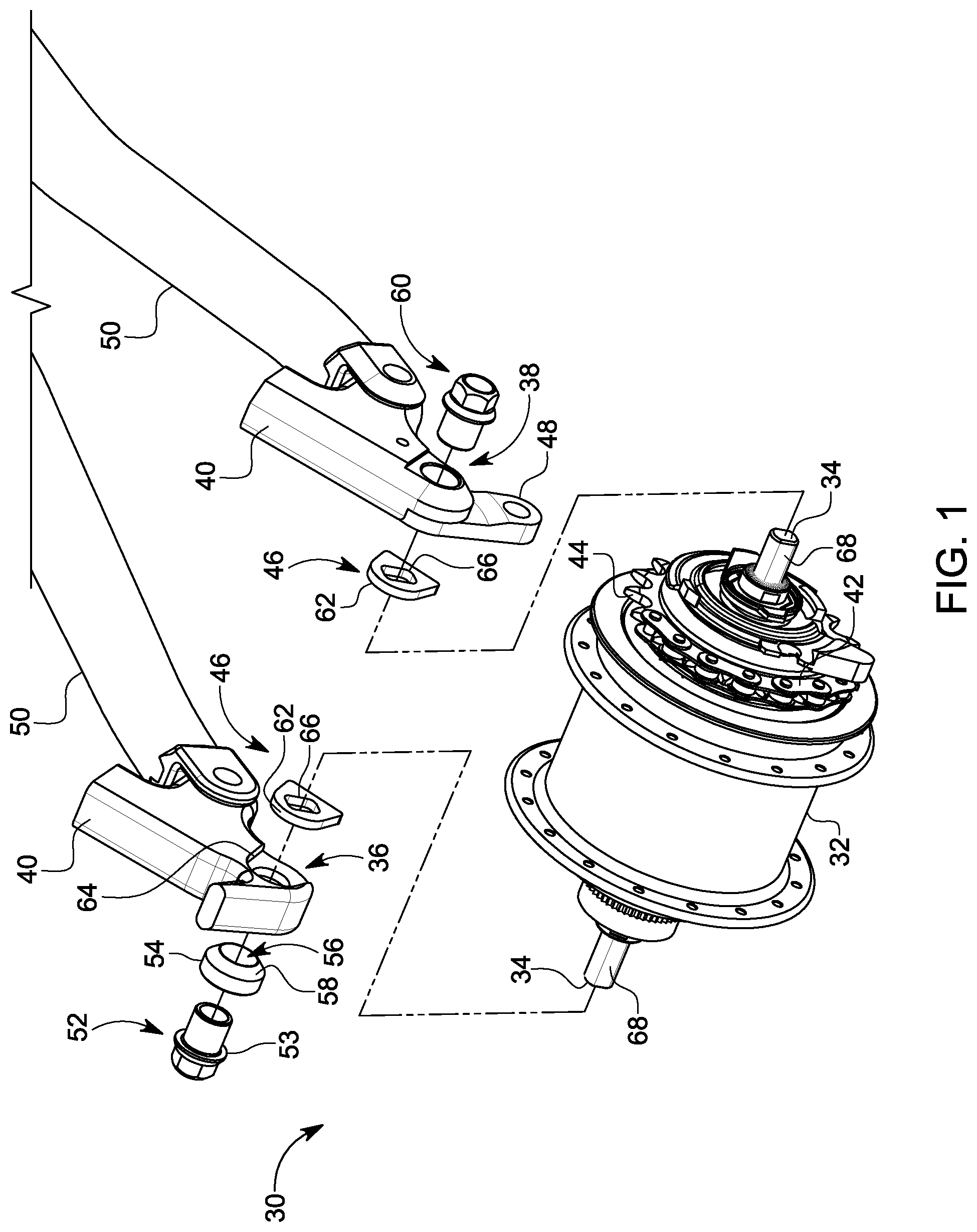 Patent US12103641 Figure 1 – Bicycle belt or chain tensioner and internally geared hub conversion kit