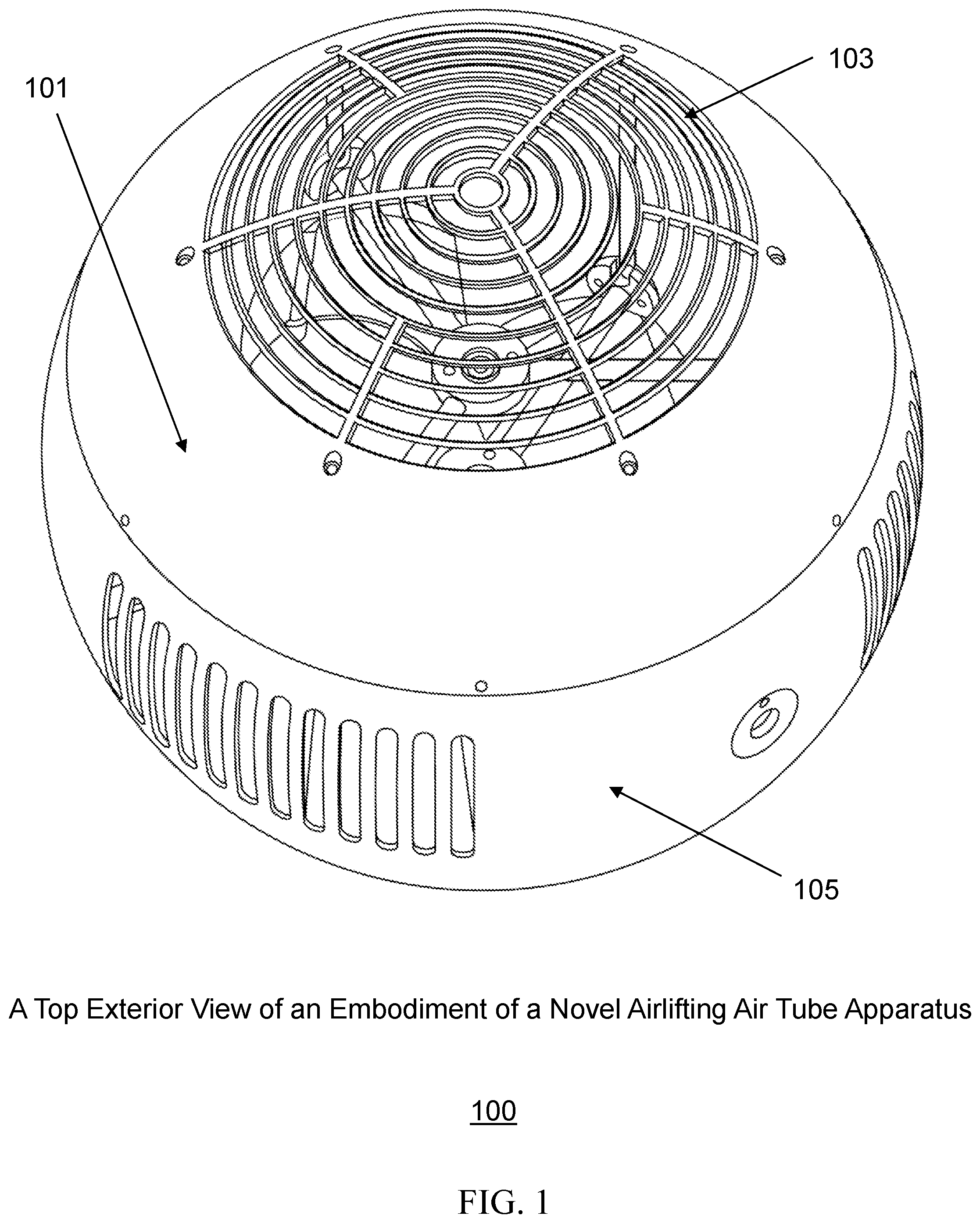 Patent US12103675 Figure 1 – Propeller-enclosed airlifting air tube apparatus incorporating an airflow control dish-based steering unit