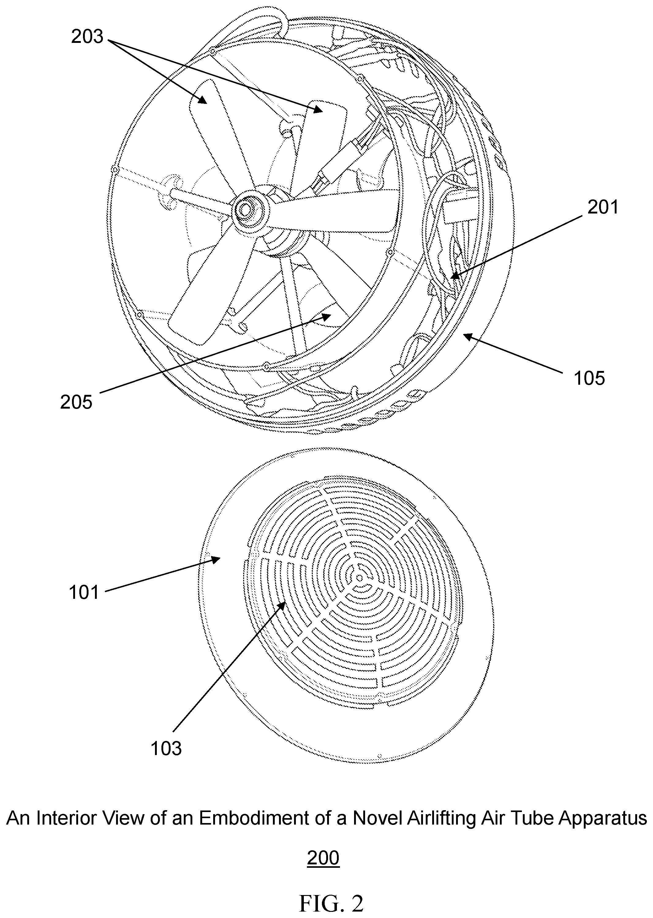 Patent US12103675 Figure 2 – Propeller-enclosed airlifting air tube apparatus incorporating an airflow control dish-based steering unit