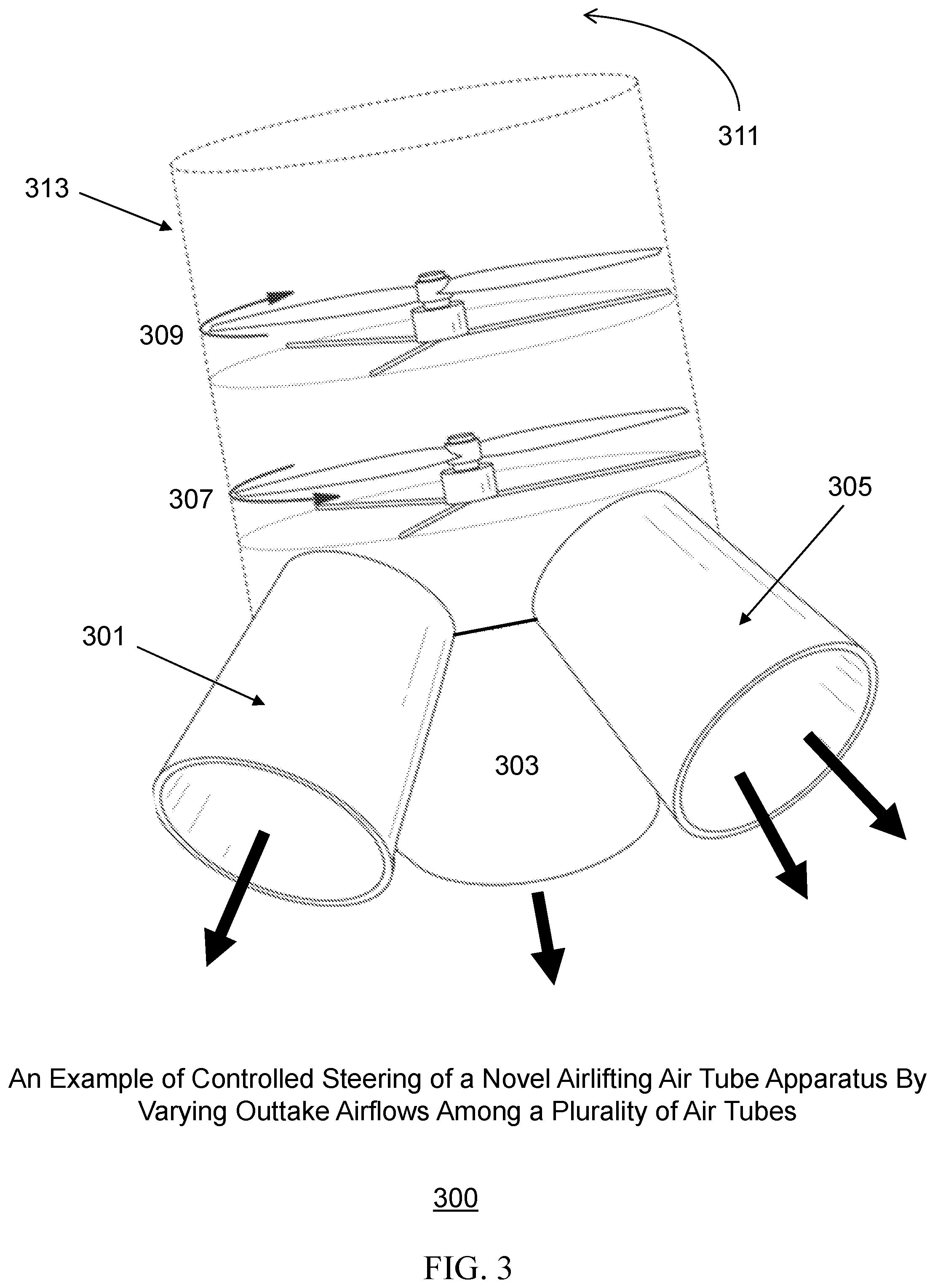 Patent US12103675 Figure 3 – Propeller-enclosed airlifting air tube apparatus incorporating an airflow control dish-based steering unit
