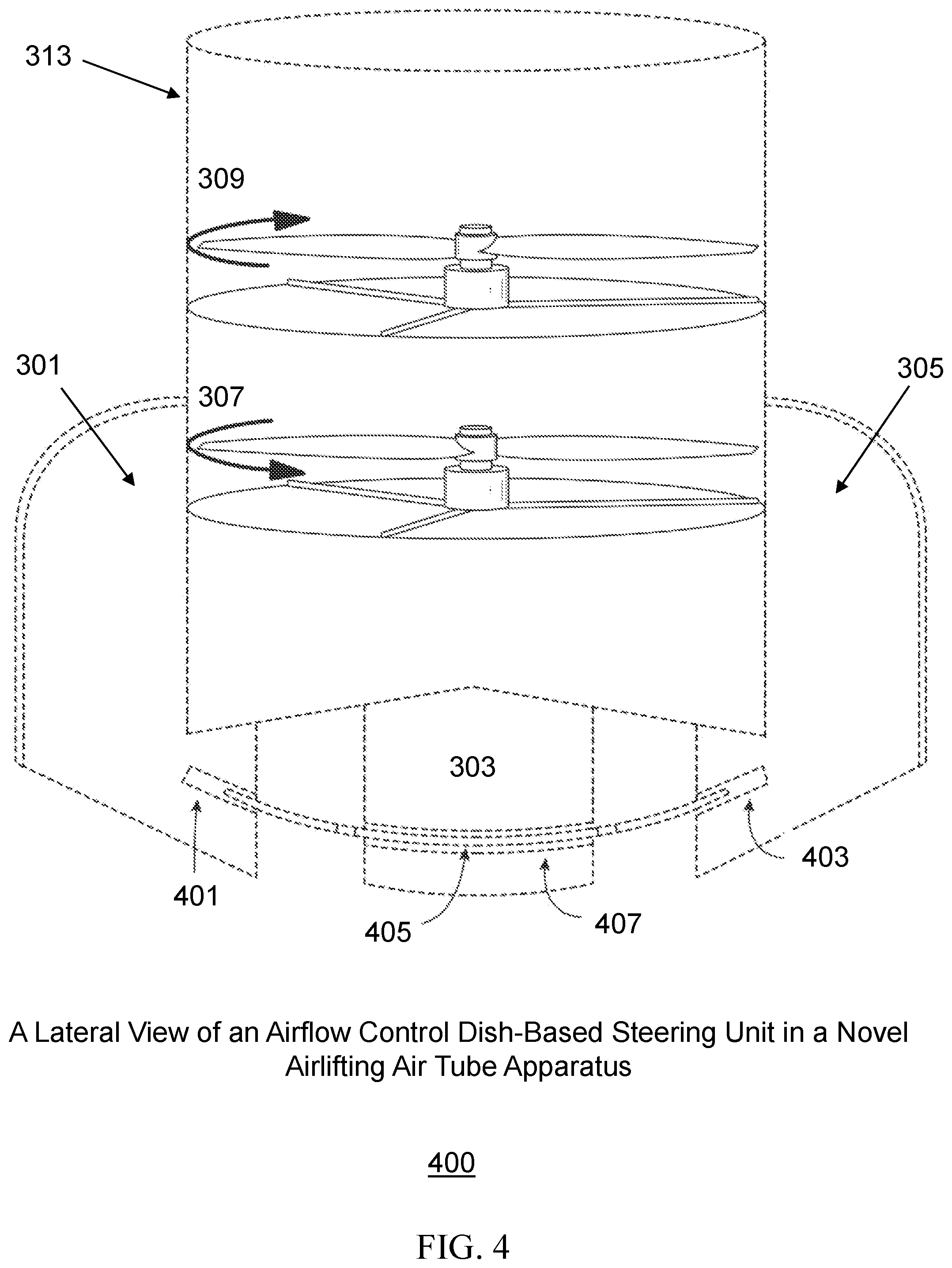 Patent US12103675 Figure 4 – Propeller-enclosed airlifting air tube apparatus incorporating an airflow control dish-based steering unit