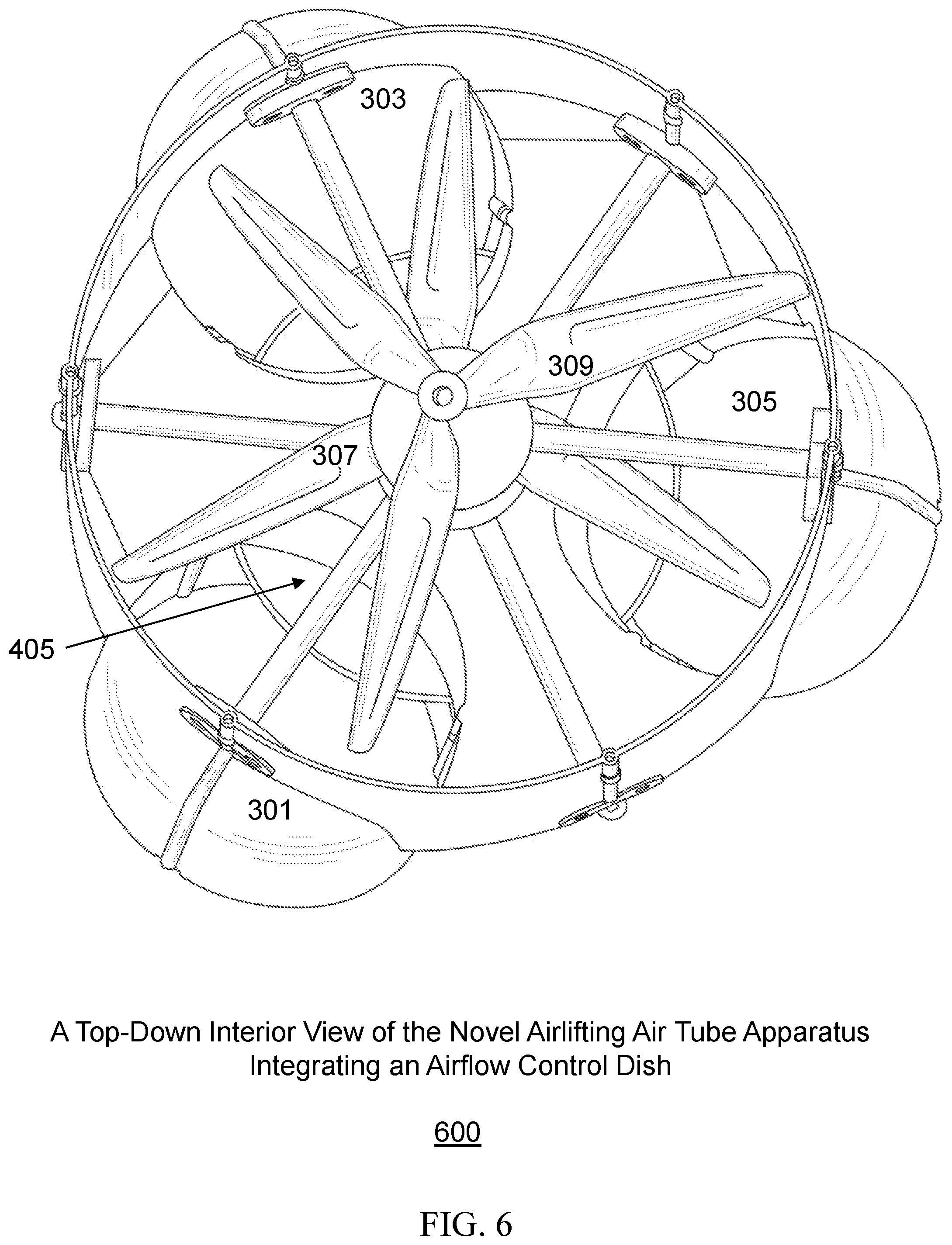 Patent US12103675 Figure 6 – Propeller-enclosed airlifting air tube apparatus incorporating an airflow control dish-based steering unit