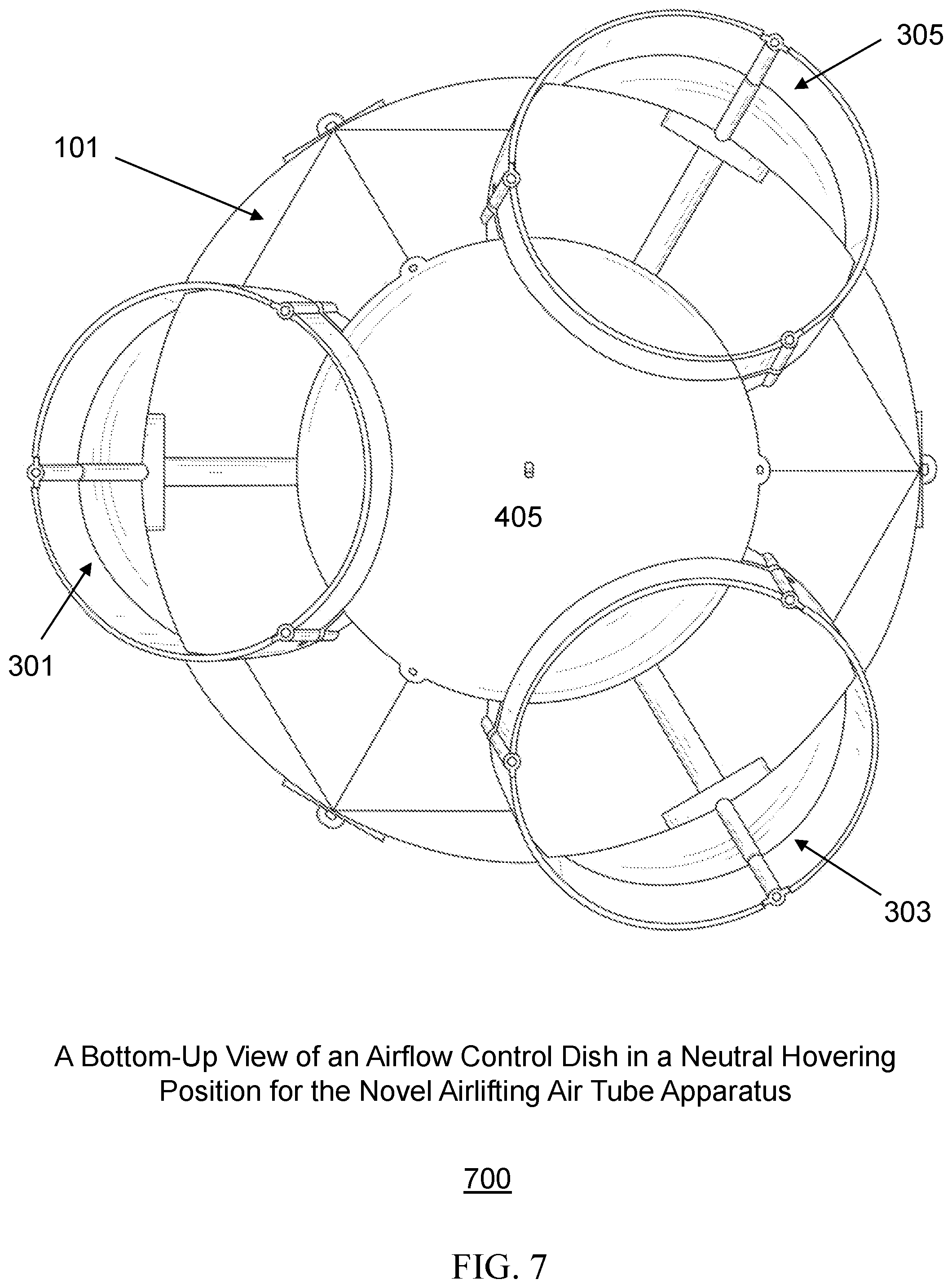 Patent US12103675 Figure 7 – Propeller-enclosed airlifting air tube apparatus incorporating an airflow control dish-based steering unit