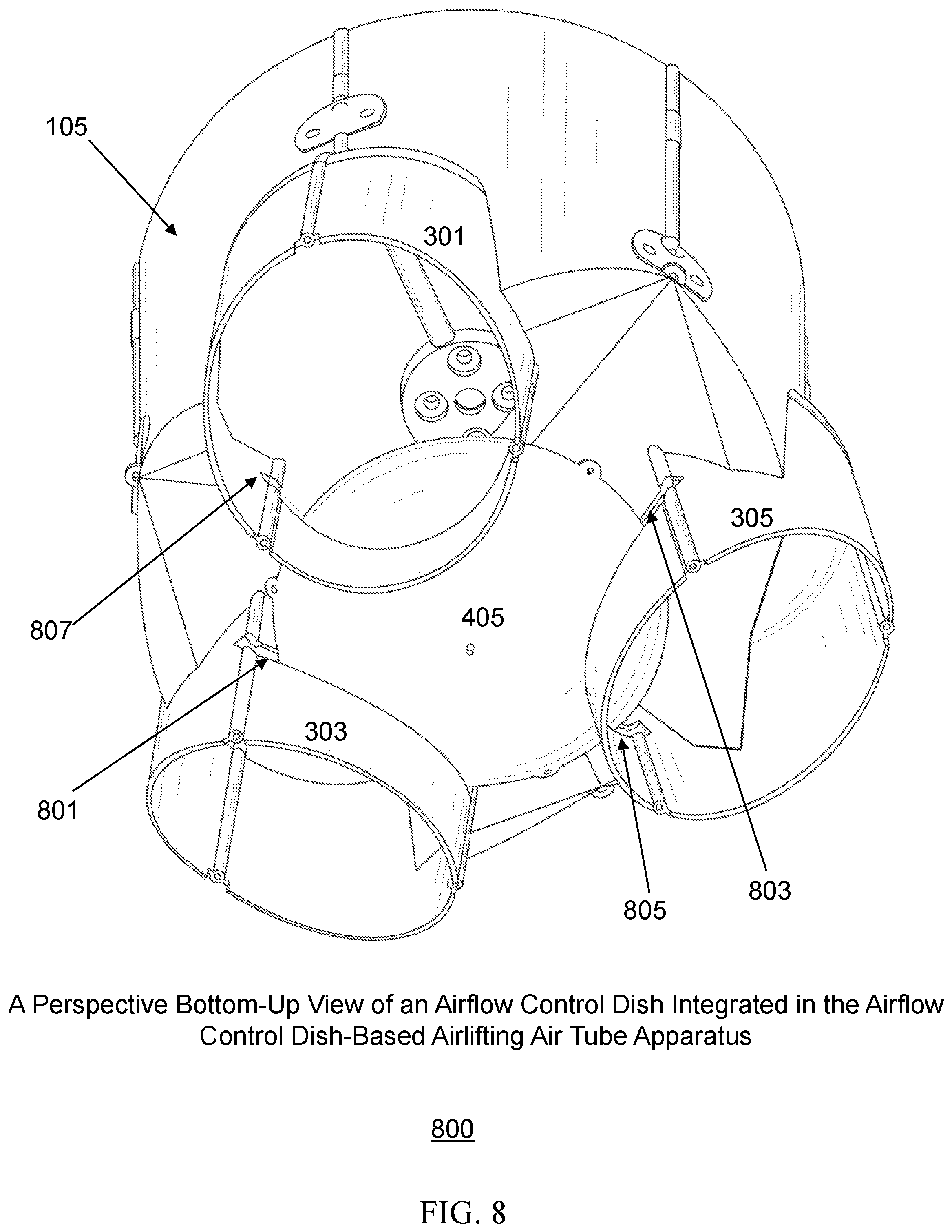 Patent US12103675 Figure 8 – Propeller-enclosed airlifting air tube apparatus incorporating an airflow control dish-based steering unit