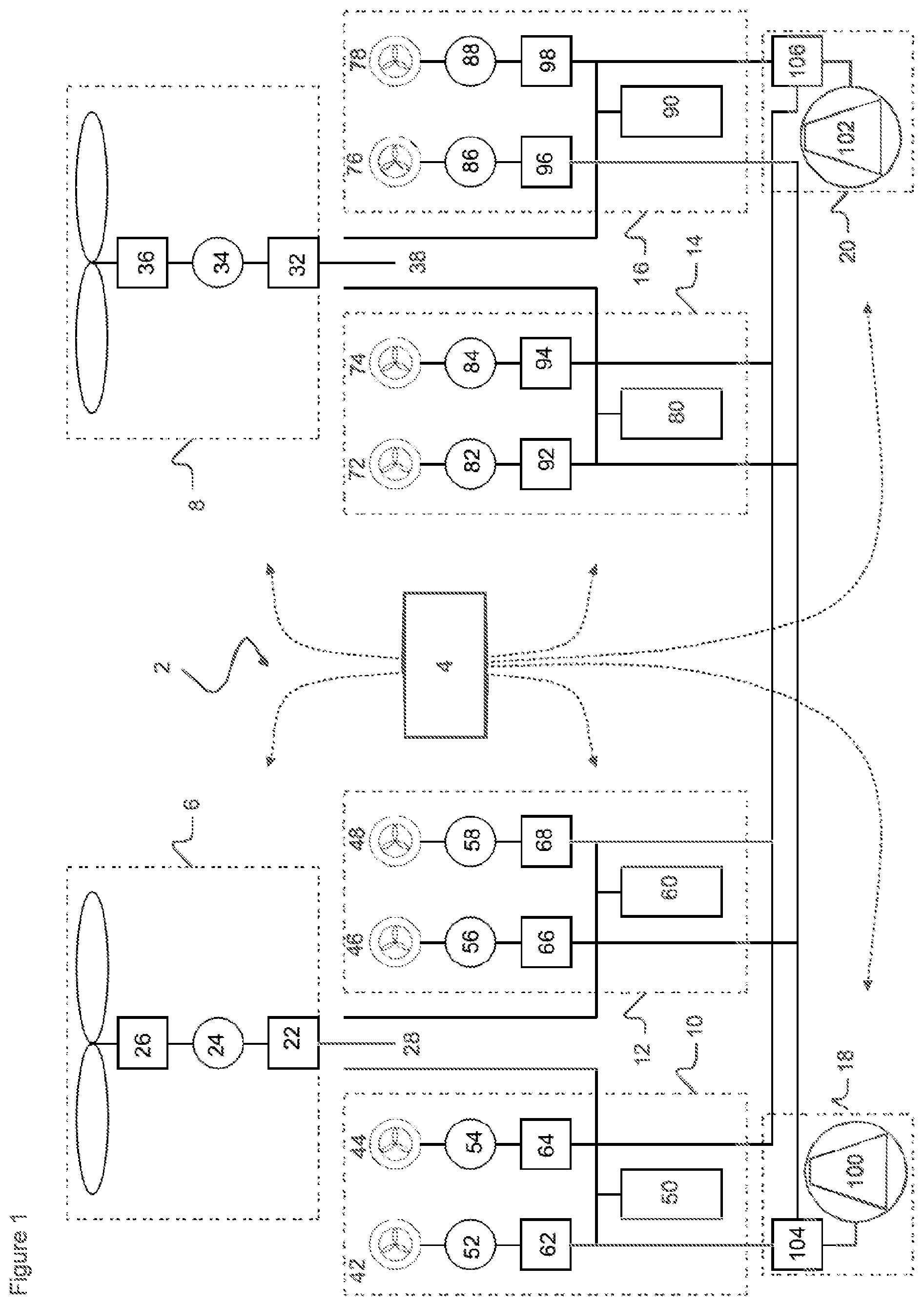 Patent US12103693 Figure 1 – System for managing energy for an aircraft with a hybrid power source comprising at least one rechargeable electricity source and one electricity generating source