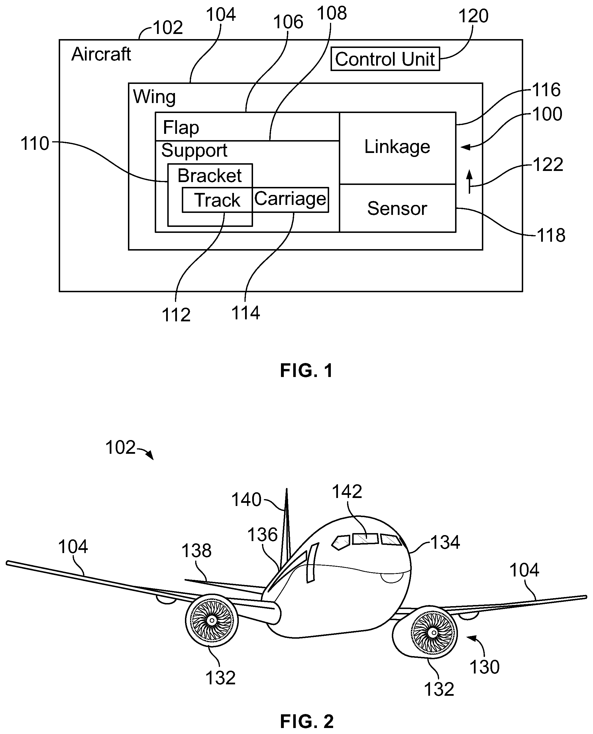 Patent US12103703 Figure 1 – Systems and methods for detecting a jam of a flap of a wing of an aircraft
