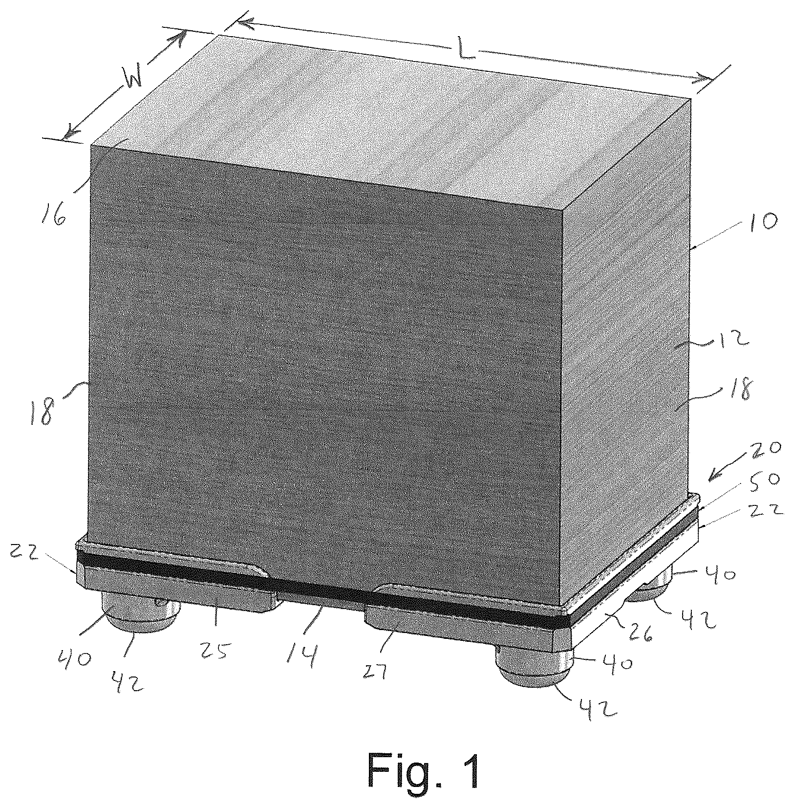 Patent US12103733 Figure 1 – Two-piece vibration dampening pallet assembly
