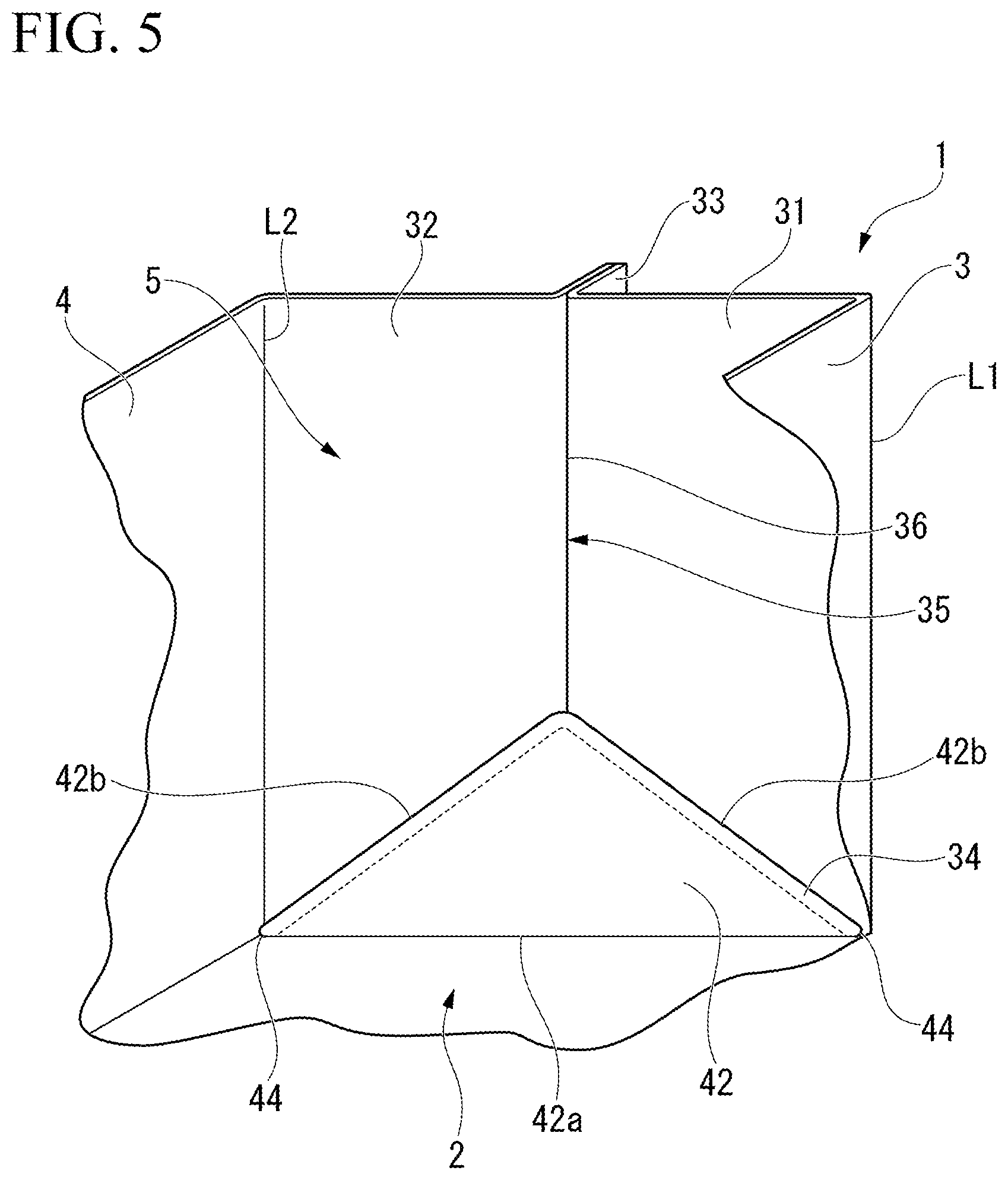 Patent US12103737 Figure 5 – Rectangular-bottomed packaging bag, and method for manufacturing rectangular-bottomed packaging bag