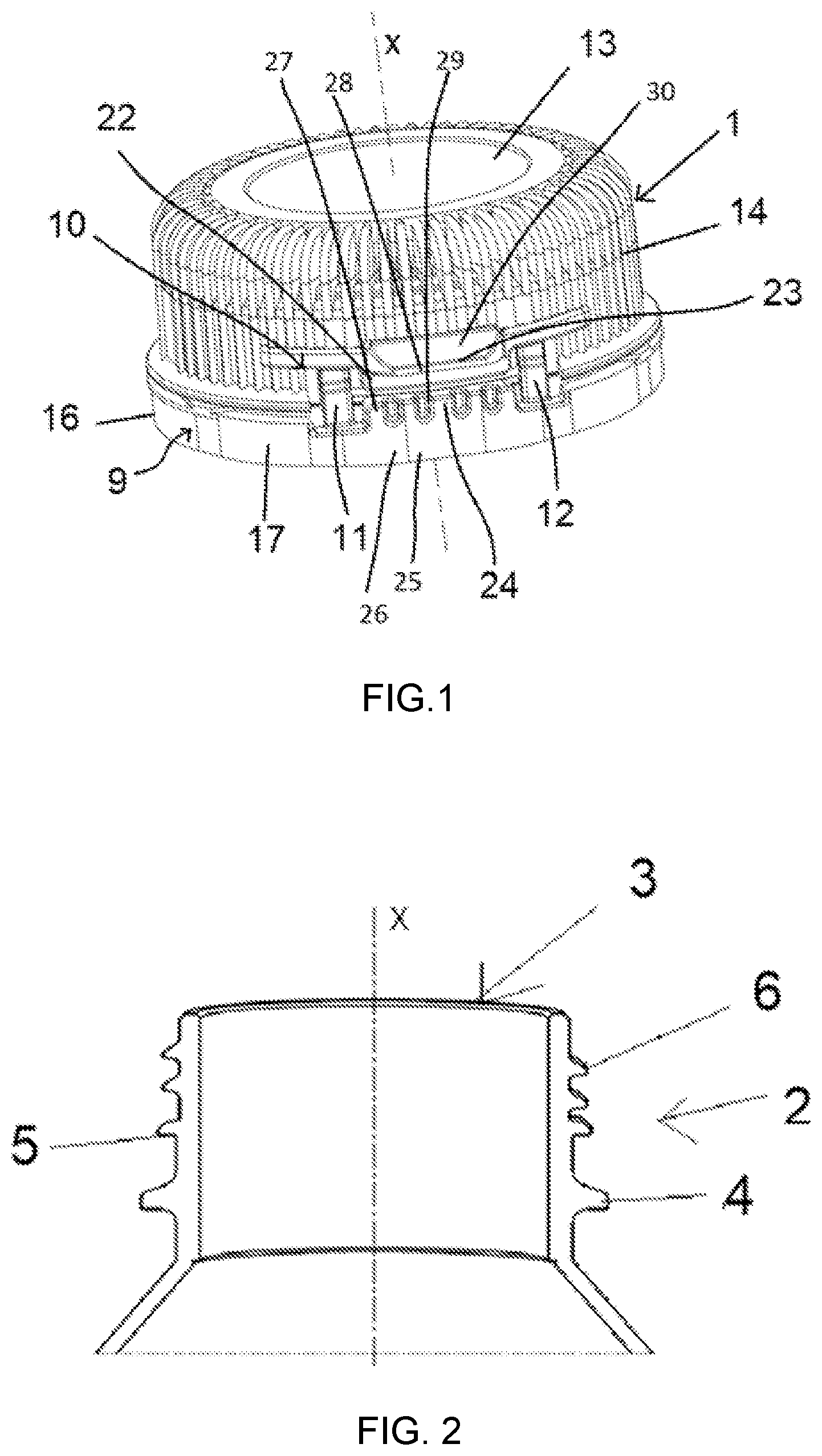 Patent US12103748 Figure 1 – Stopper device intended to be attached to the neck of a container