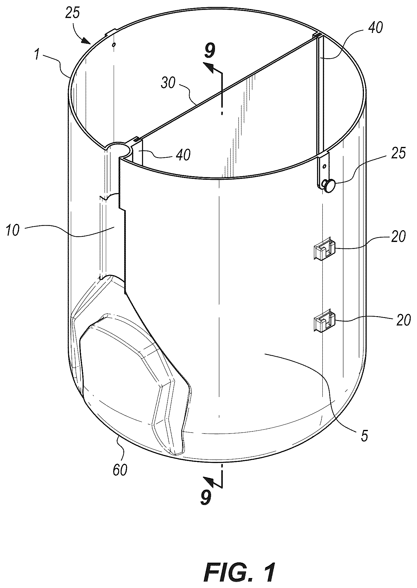 Patent US12103766 — Groundskeeping receptacle with integrated trash picker retainer — Figure 1