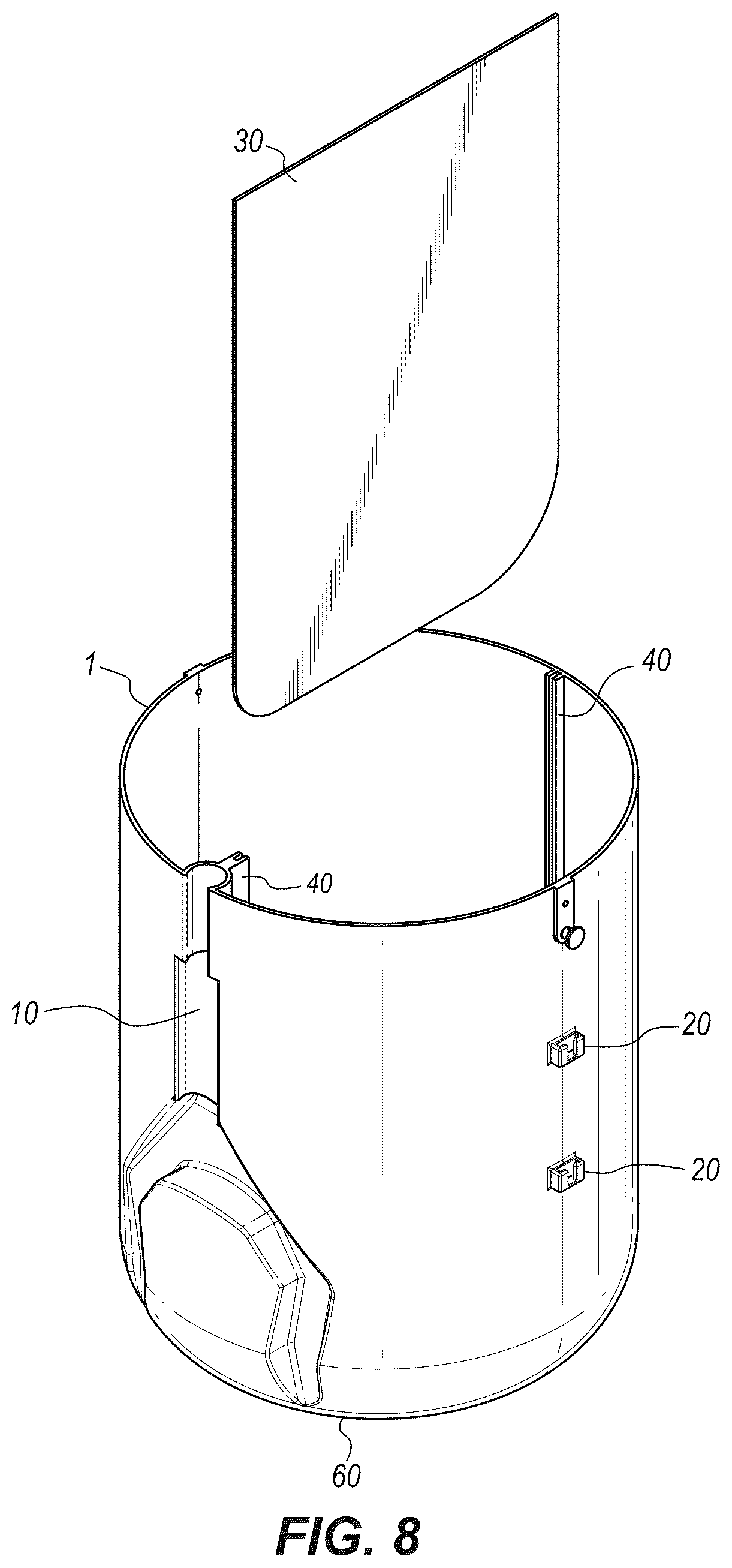 Patent US12103766 Figure 7 – Groundskeeping receptacle with integrated trash picker retainer