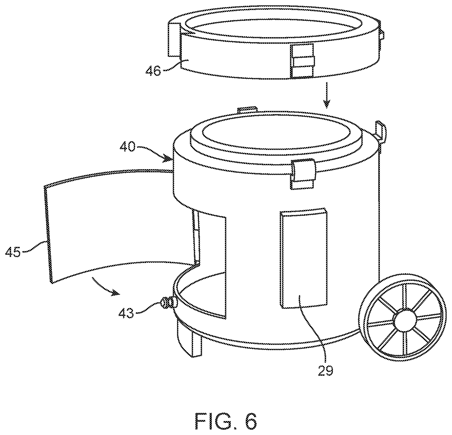 Patent US12103767 Figure 5 – Wheeled garbage receptacle with built in seat