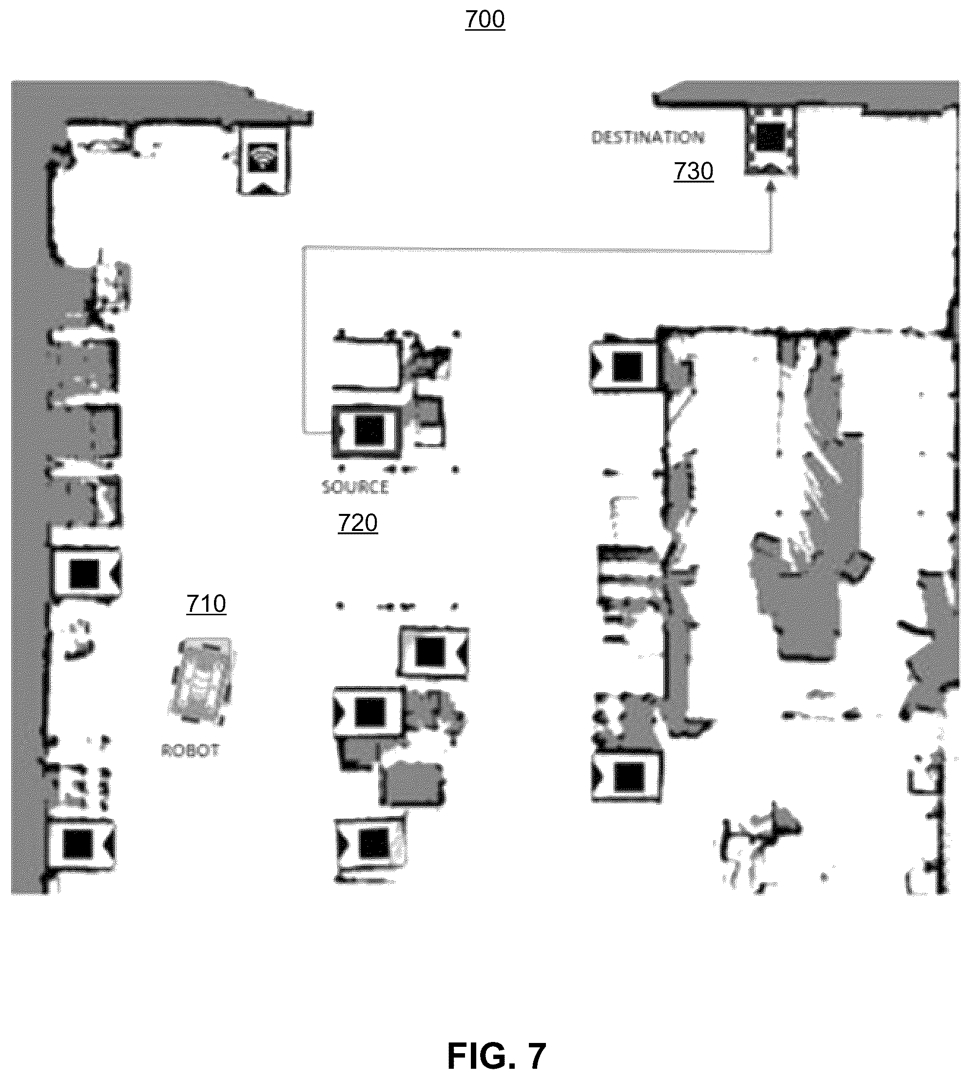Patent US12103773 Figure 7 – Dynamic traversal protocol selection by autonomous robots in a facility context