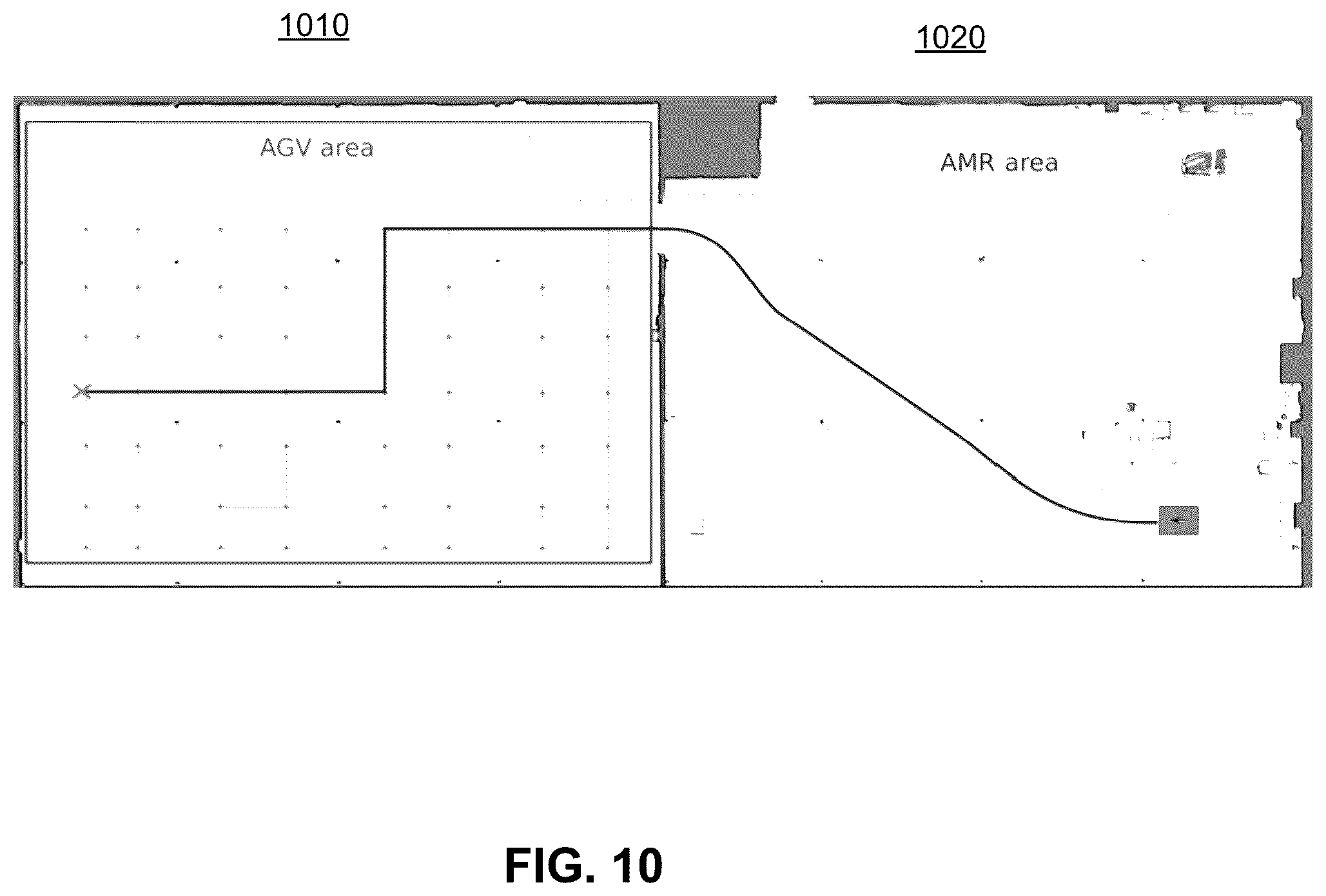 Patent US12103773 Figure 10 – Dynamic traversal protocol selection by autonomous robots in a facility context