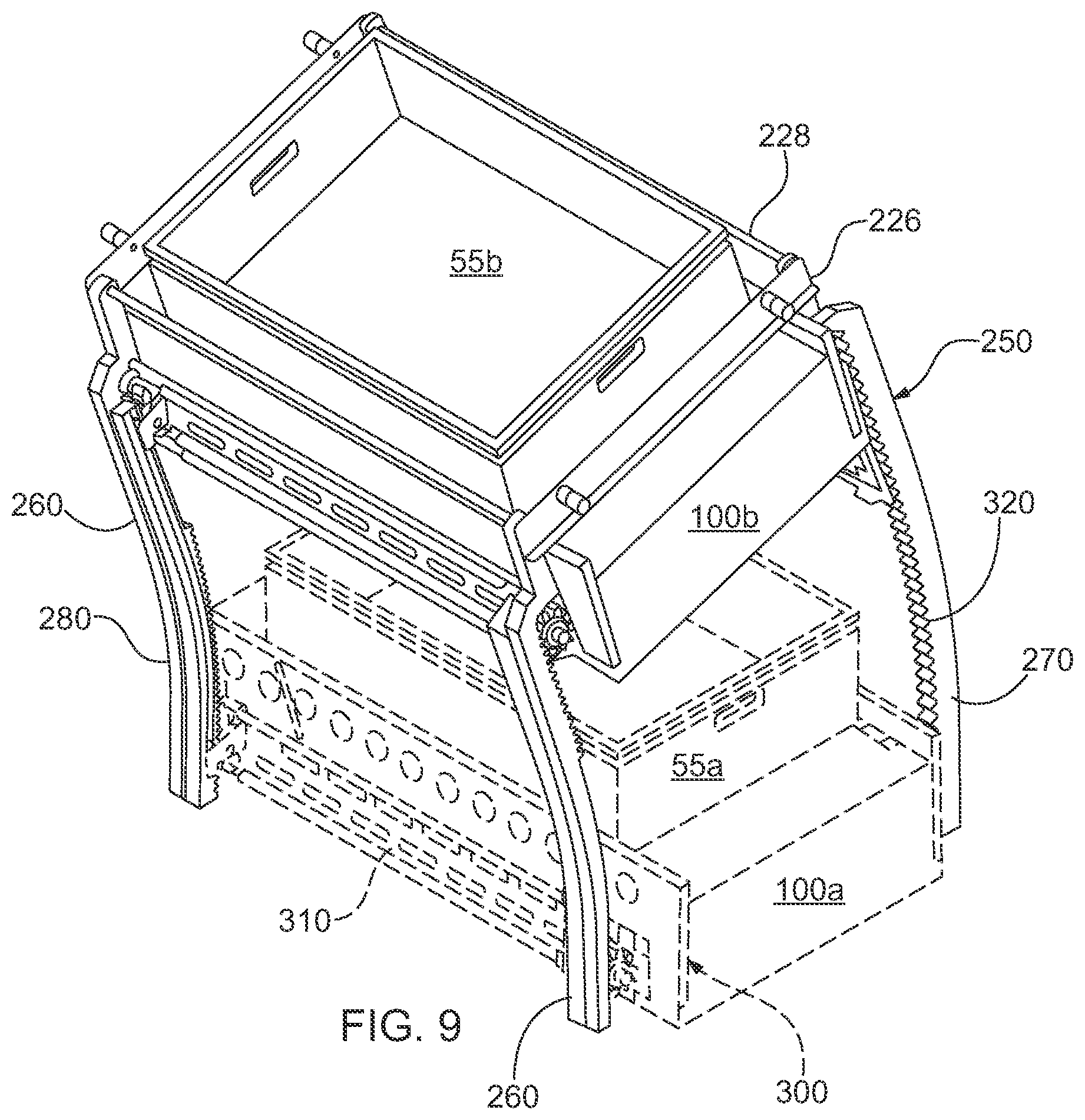 Patent US12103778 Figure 8 – Material handling apparatus having separate workstation and method of use