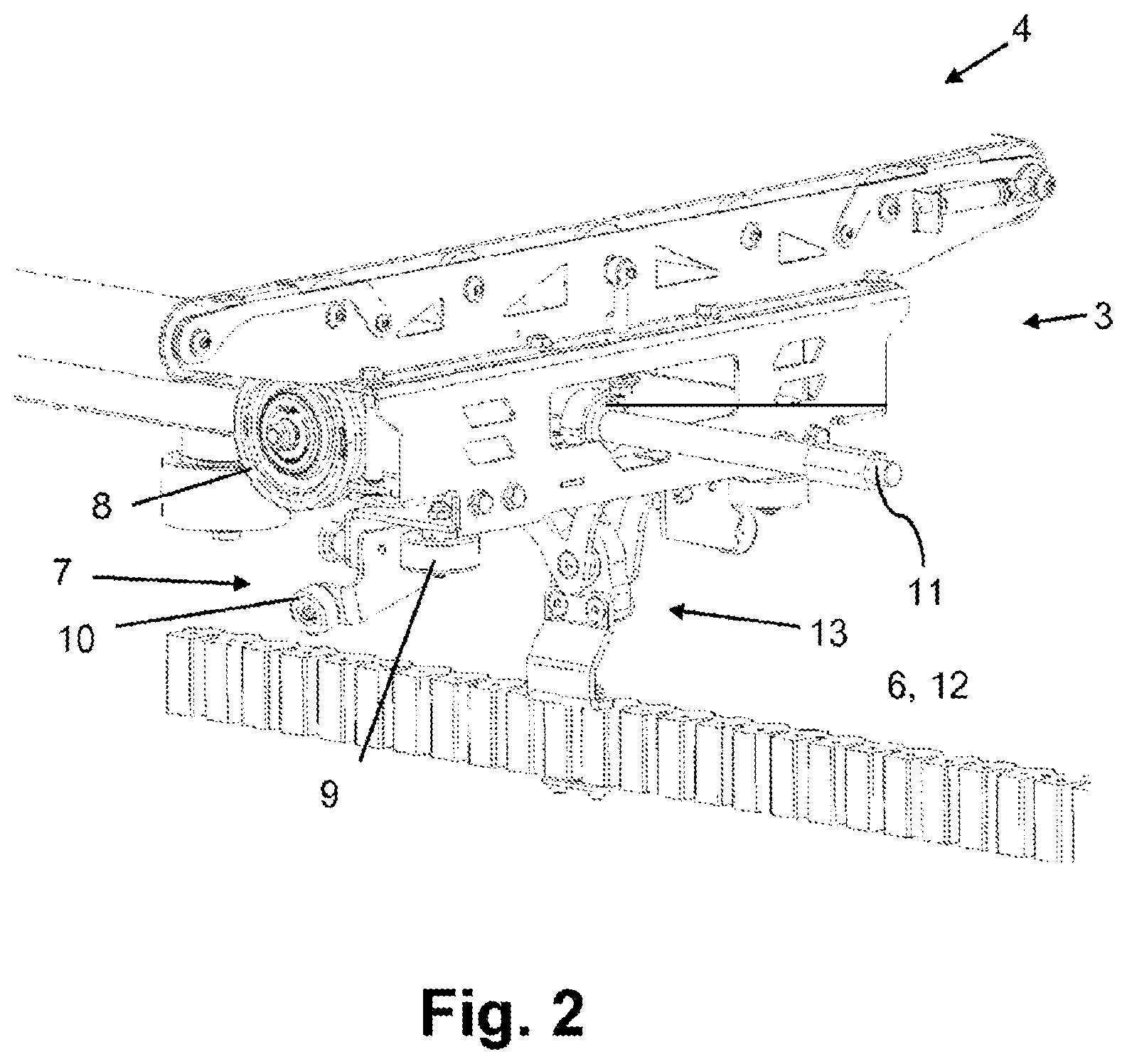 Patent US12103783 Figure 2 – Conveying carriage for a distributing conveyor and connecting arrangement for fastening a conveying carriage to a drive means of a distributing conveyor