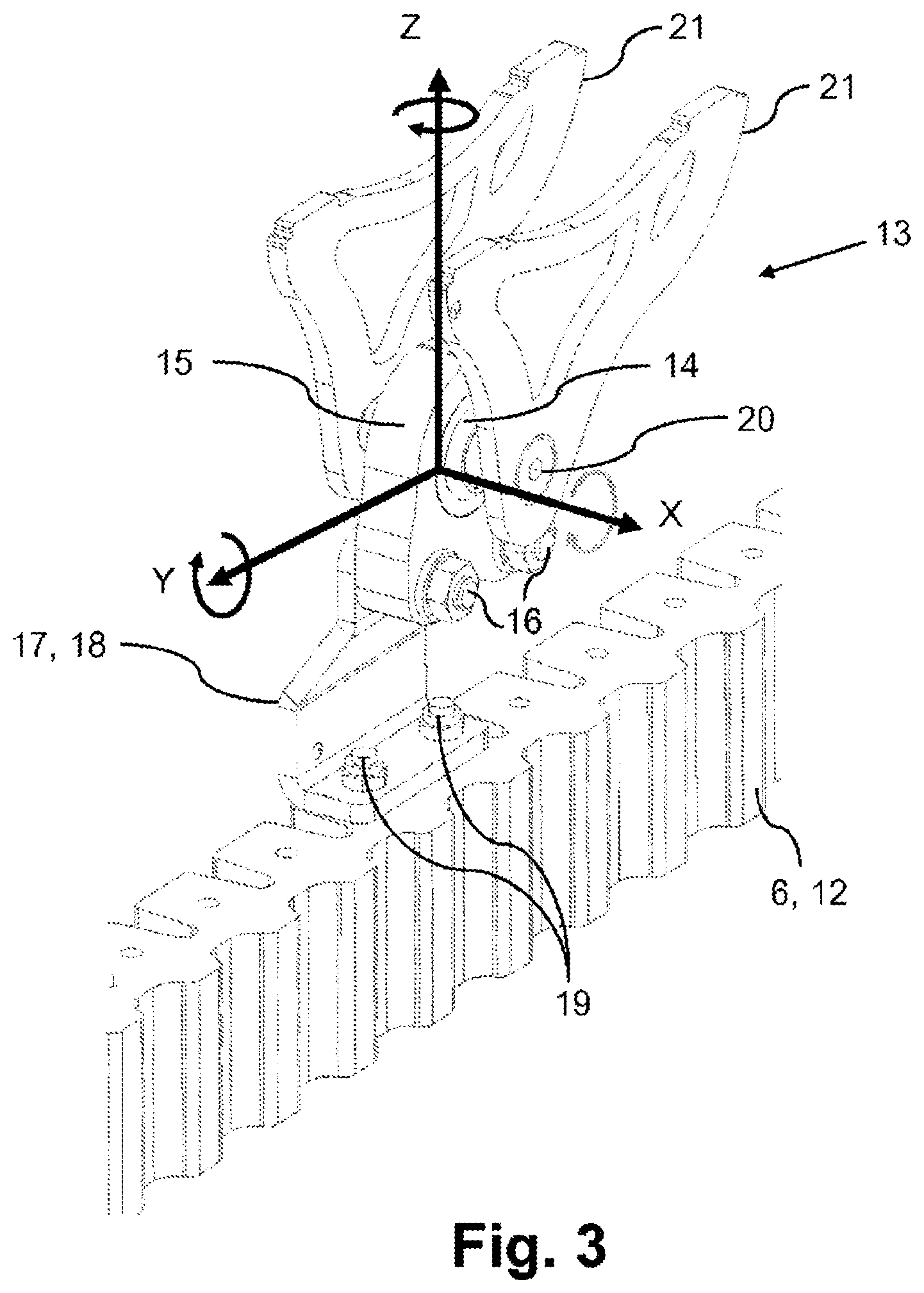 Patent US12103783 Figure 3 – Conveying carriage for a distributing conveyor and connecting arrangement for fastening a conveying carriage to a drive means of a distributing conveyor