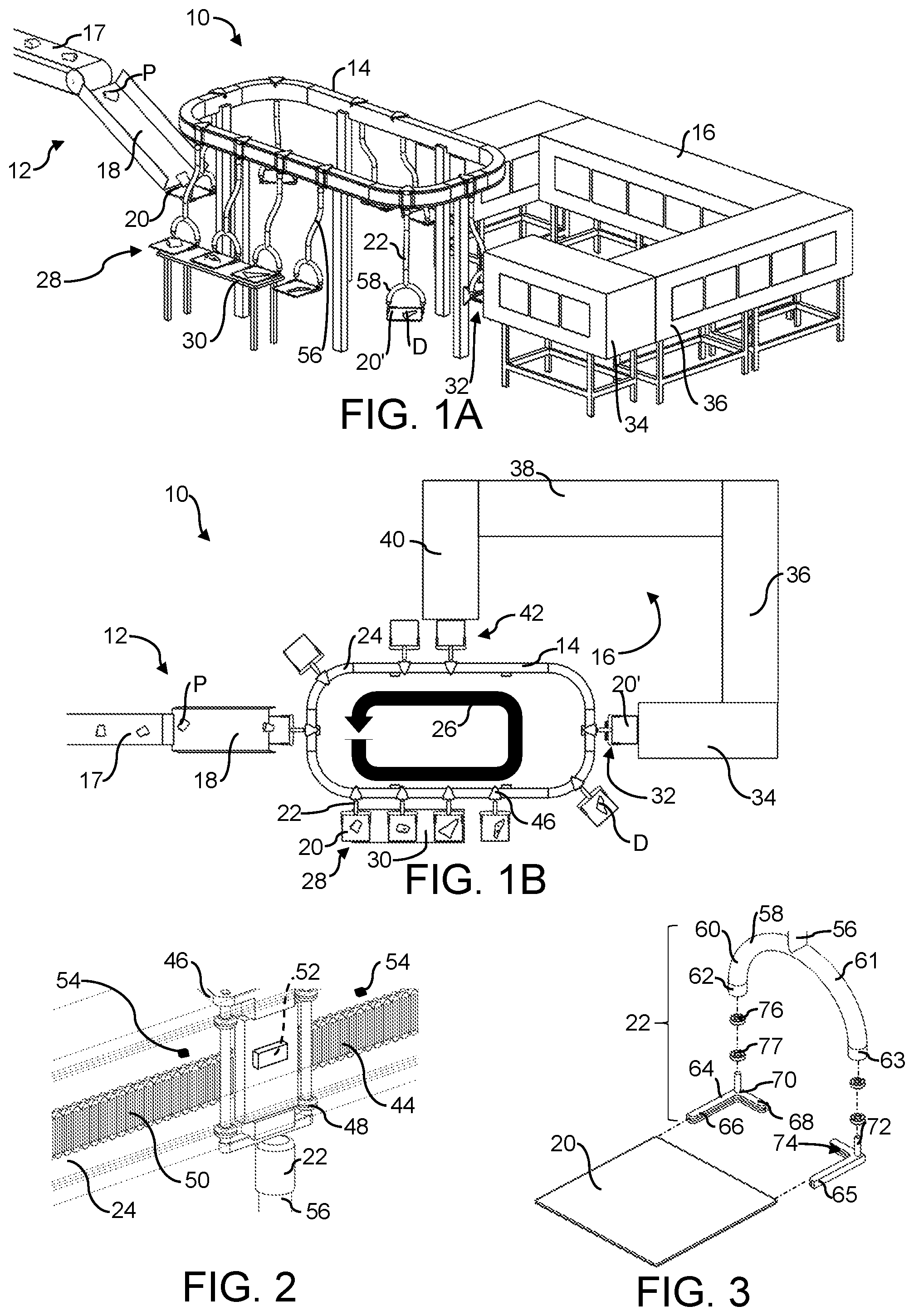 Patent US12103784 Figure 1 – Overhead tray conveyor and wash system