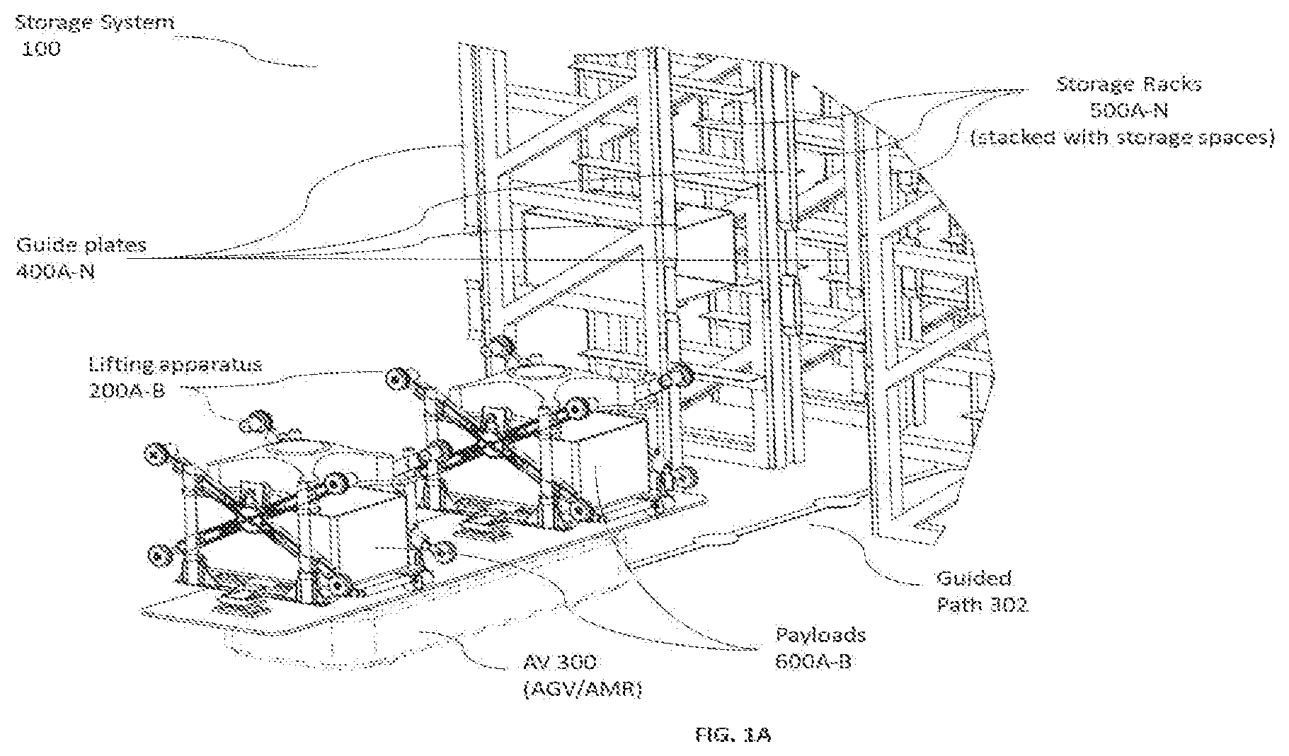 Patent US12103794 Figure 1 – Storage system with guided plate based lifting apparatus for payload loading-unloading on storage rack