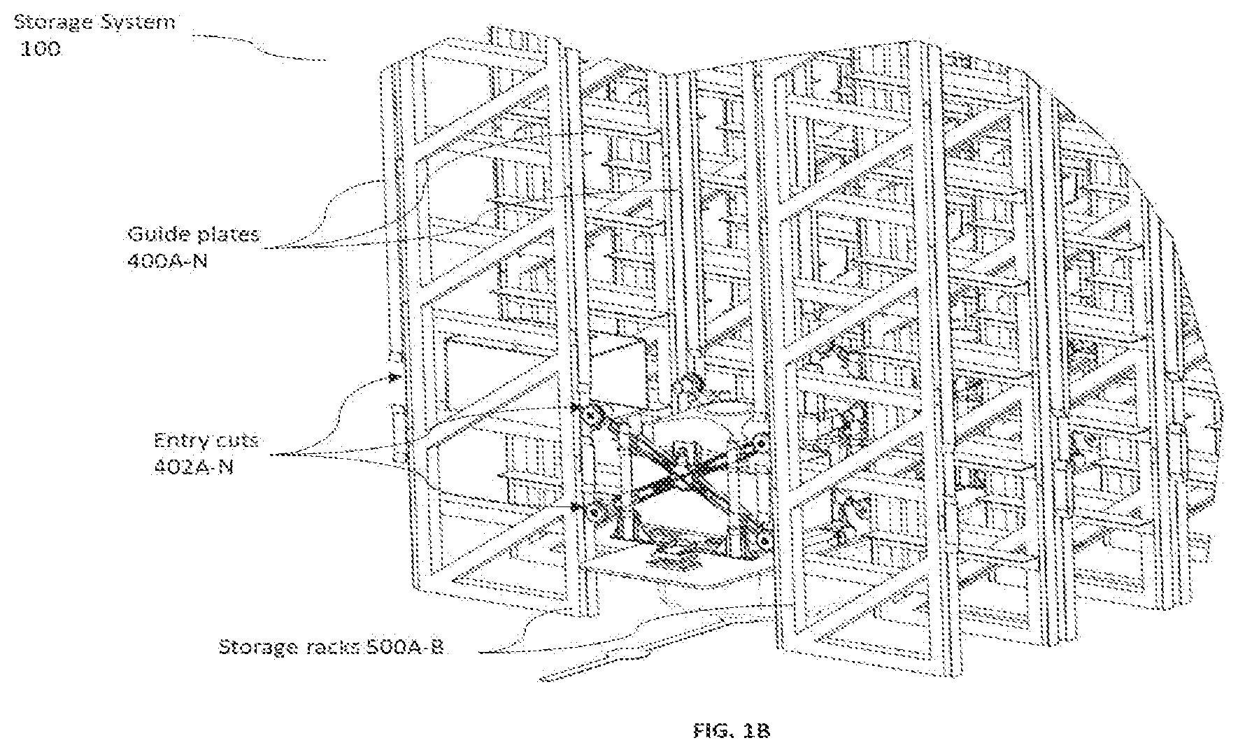 Patent US12103794 Figure 2 – Storage system with guided plate based lifting apparatus for payload loading-unloading on storage rack