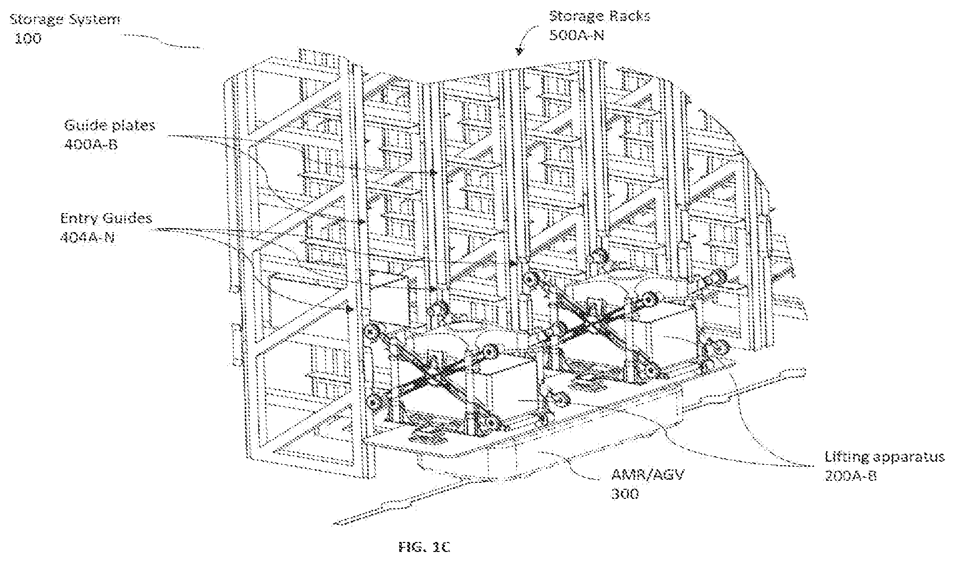 Patent US12103794 Figure 3 – Storage system with guided plate based lifting apparatus for payload loading-unloading on storage rack