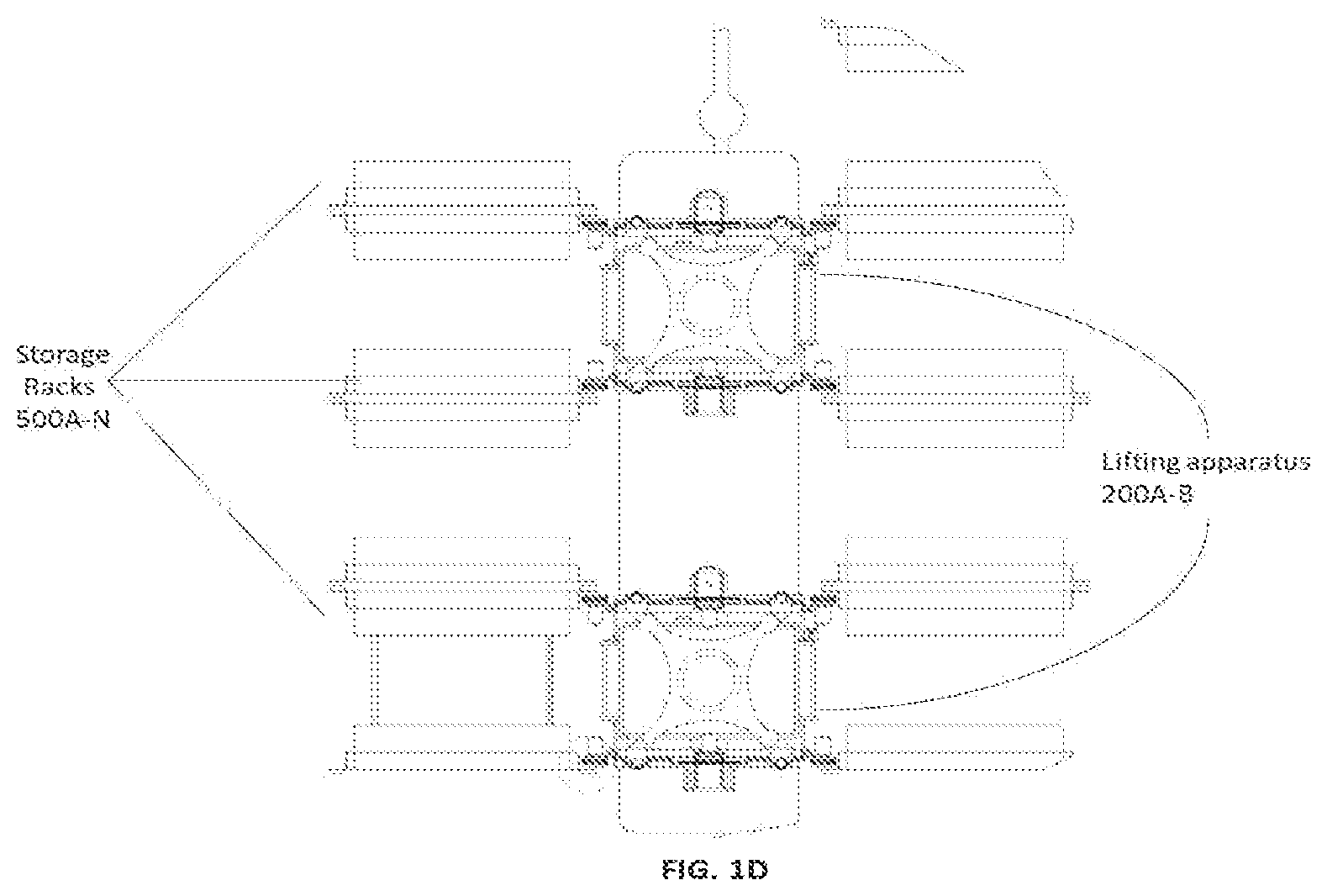 Patent US12103794 Figure 4 – Storage system with guided plate based lifting apparatus for payload loading-unloading on storage rack