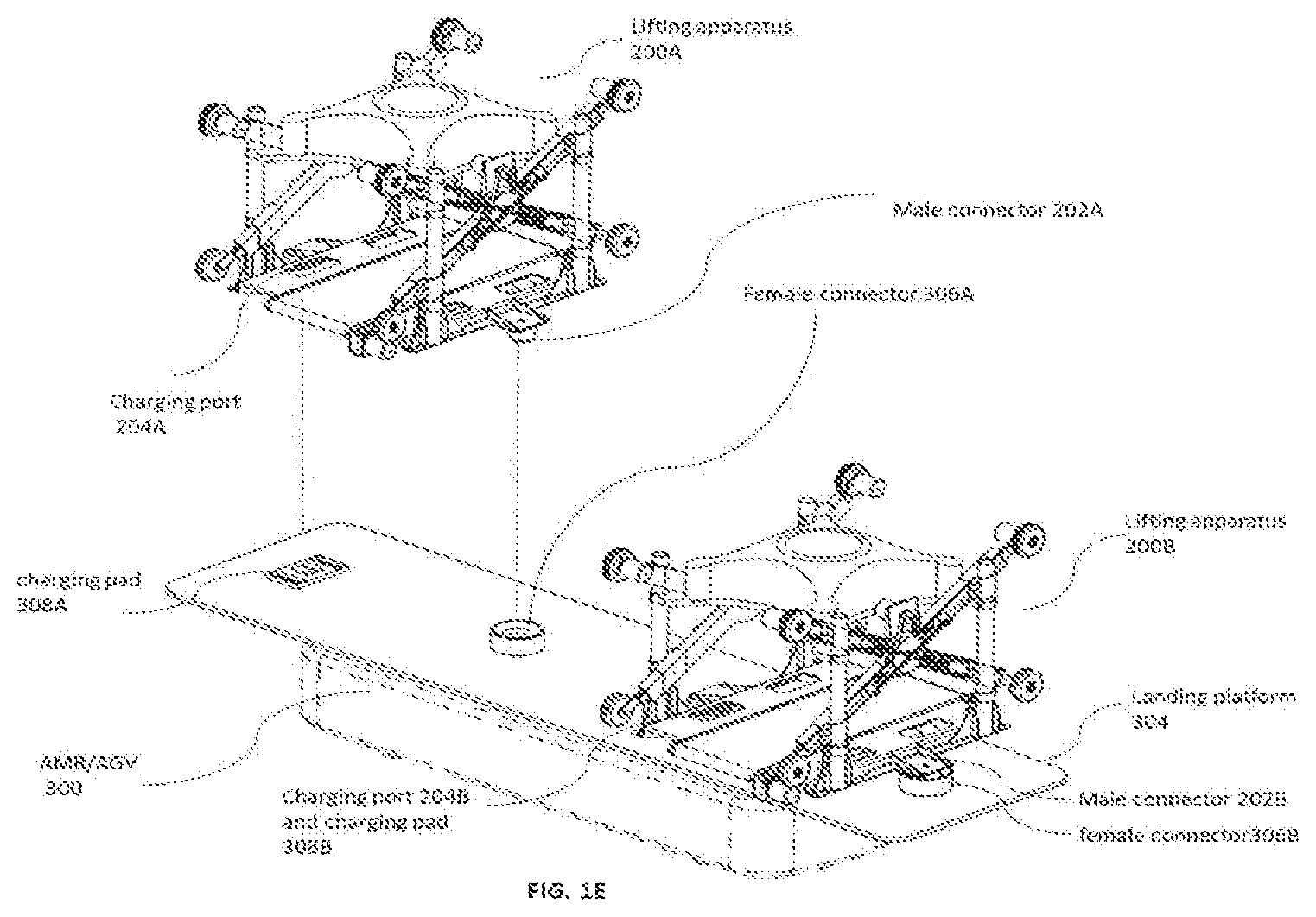 Patent US12103794 Figure 5 – Storage system with guided plate based lifting apparatus for payload loading-unloading on storage rack