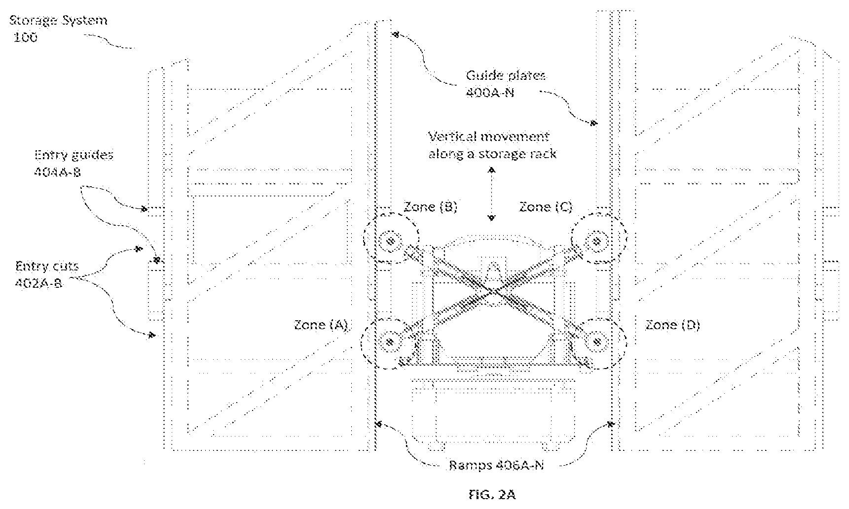 Patent US12103794 Figure 6 – Storage system with guided plate based lifting apparatus for payload loading-unloading on storage rack