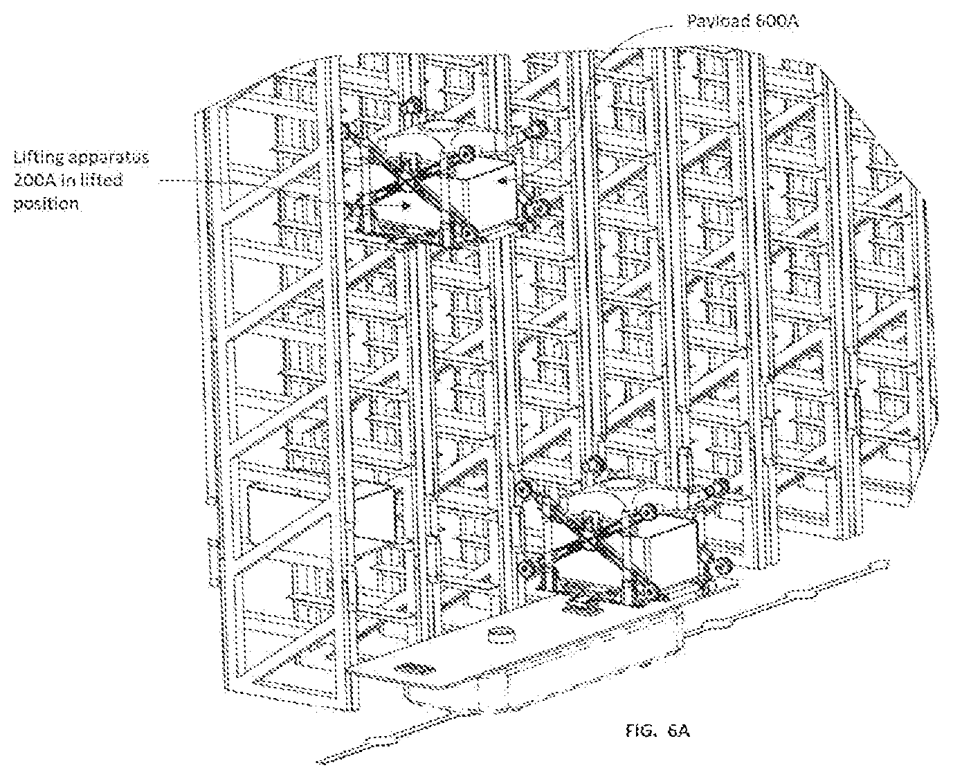 Patent US12103794 Figure 14 – Storage system with guided plate based lifting apparatus for payload loading-unloading on storage rack