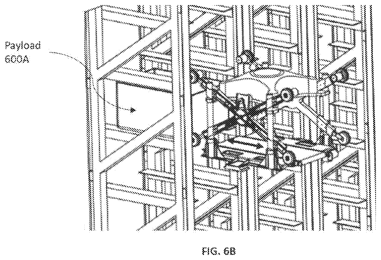 Patent US12103794 Figure 15 – Storage system with guided plate based lifting apparatus for payload loading-unloading on storage rack