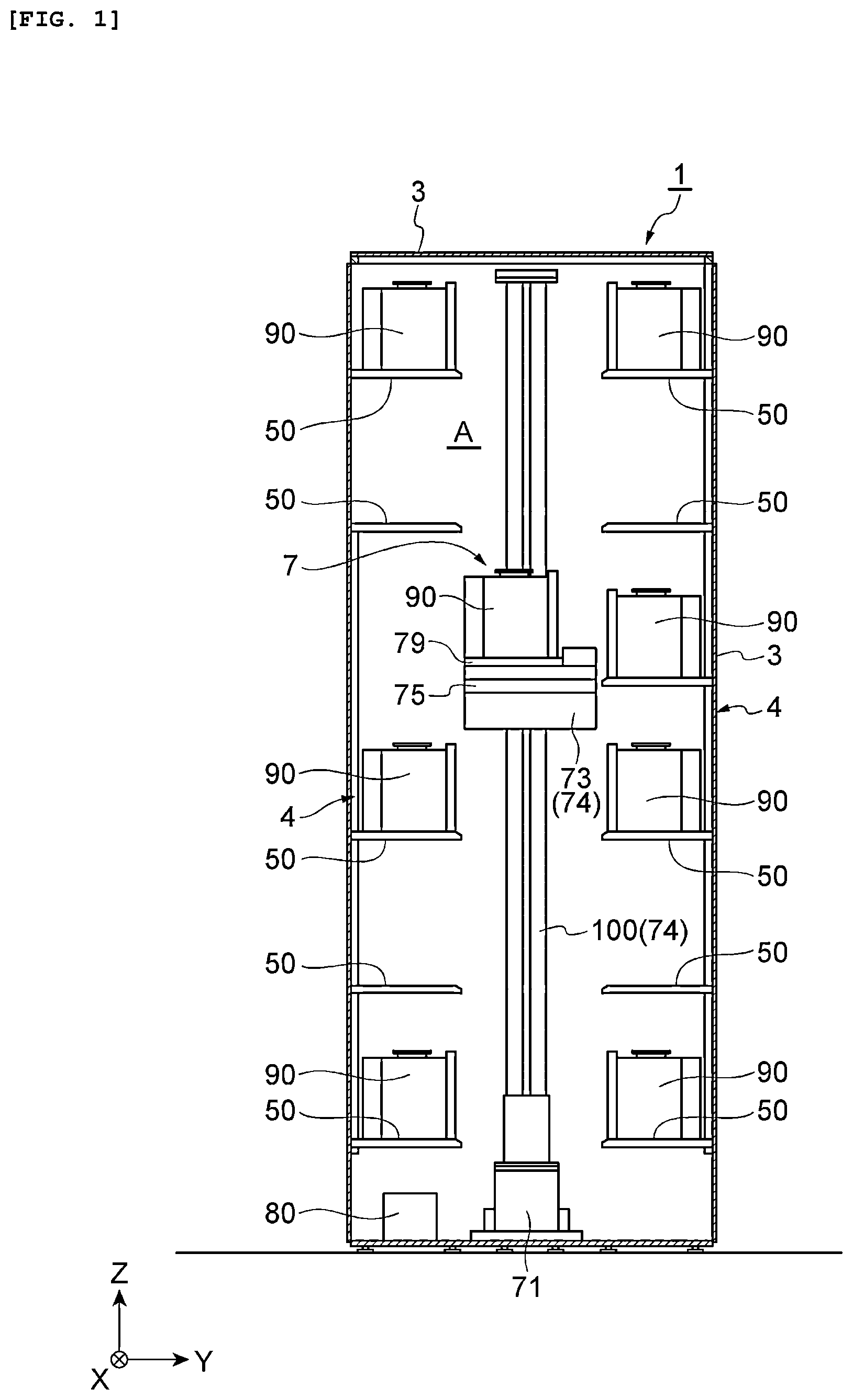 Patent US12103836 Figure 1 – Stacker crane