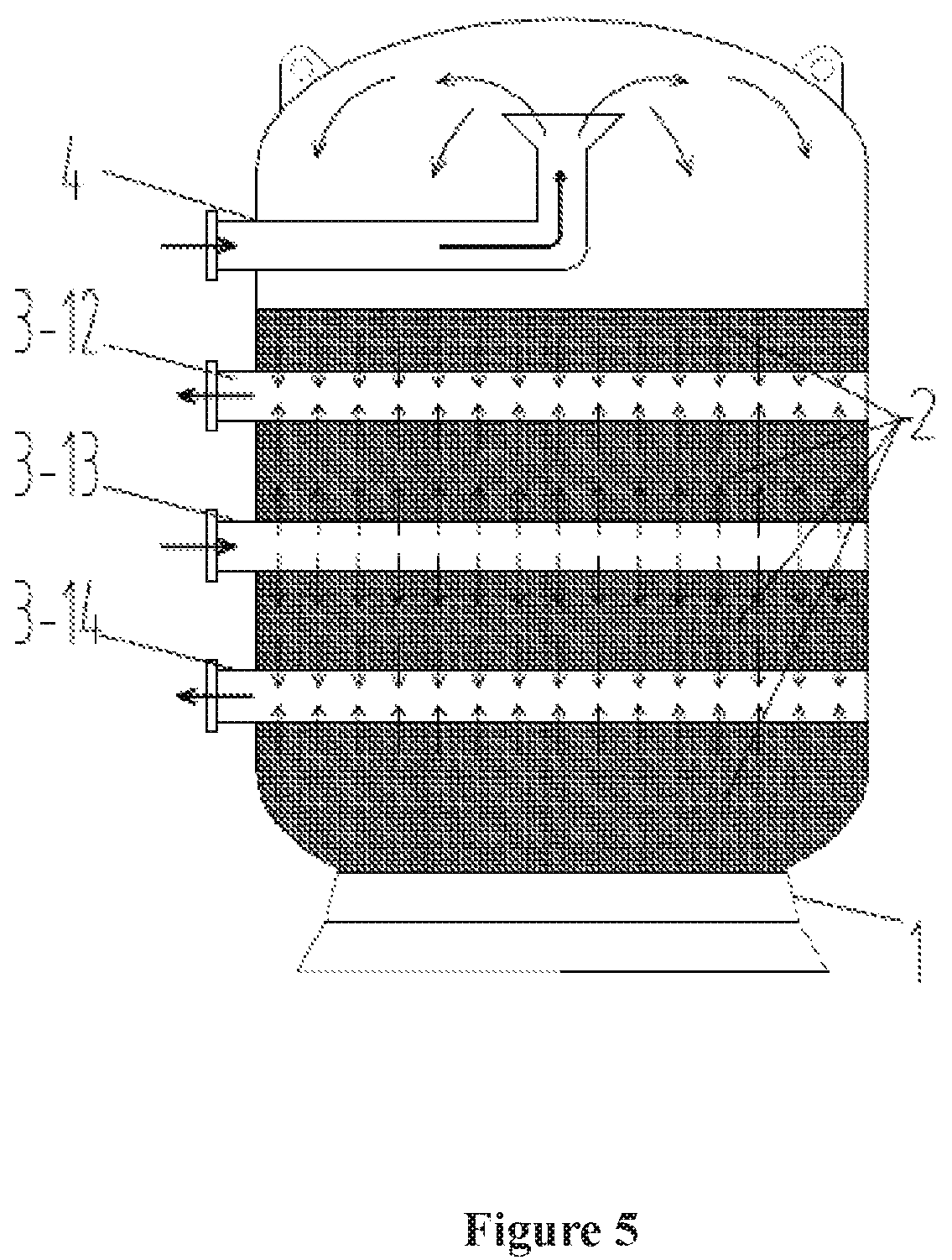Patent US12103863 Figure 5 – Particulate filtering device with a multi-layer water distribution and collection structure and method for using the same