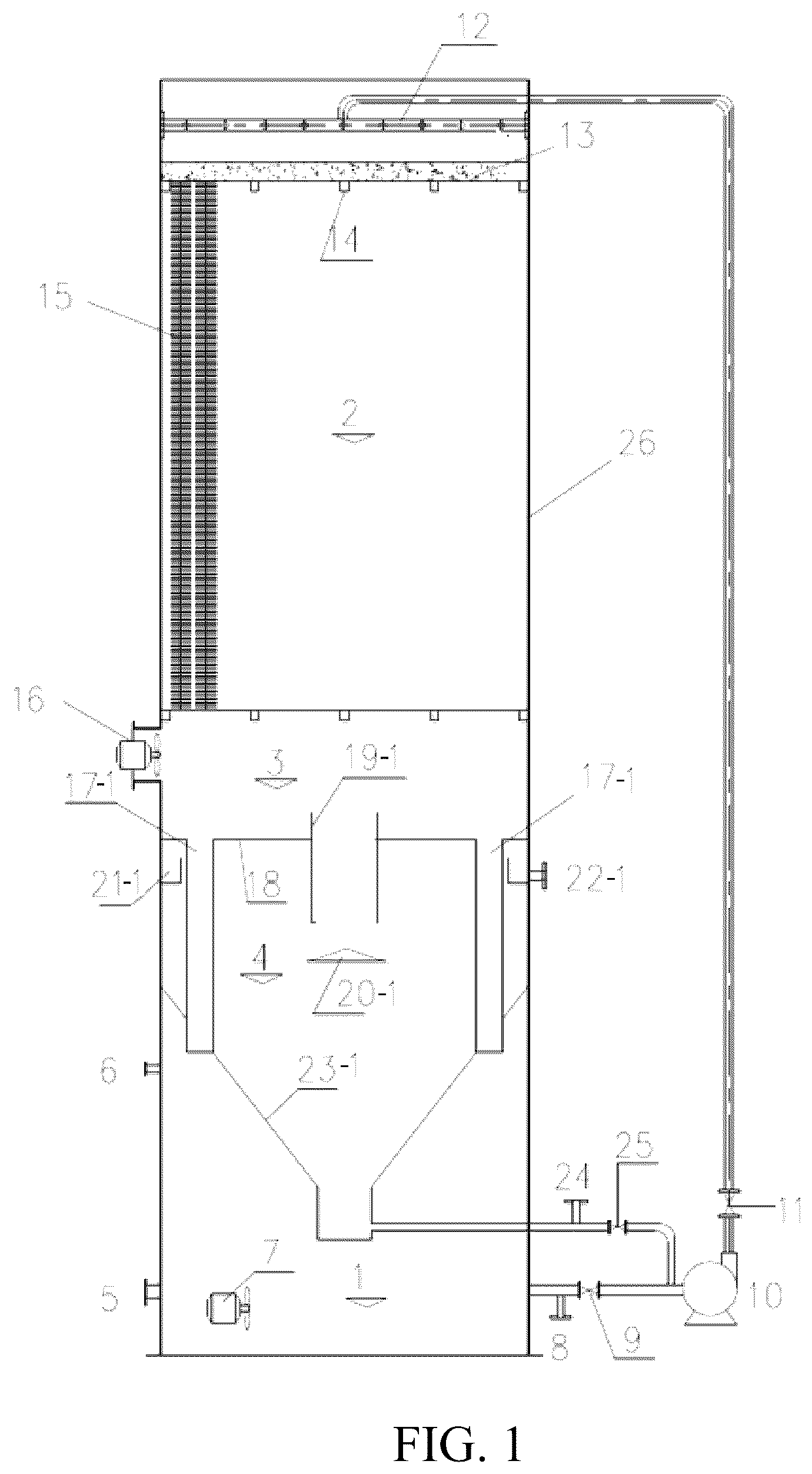 Patent US12103882 Figure 1 – A/O tower integrated device for biological treatment of organic sewage containing COD and nitrogen and method by using the same