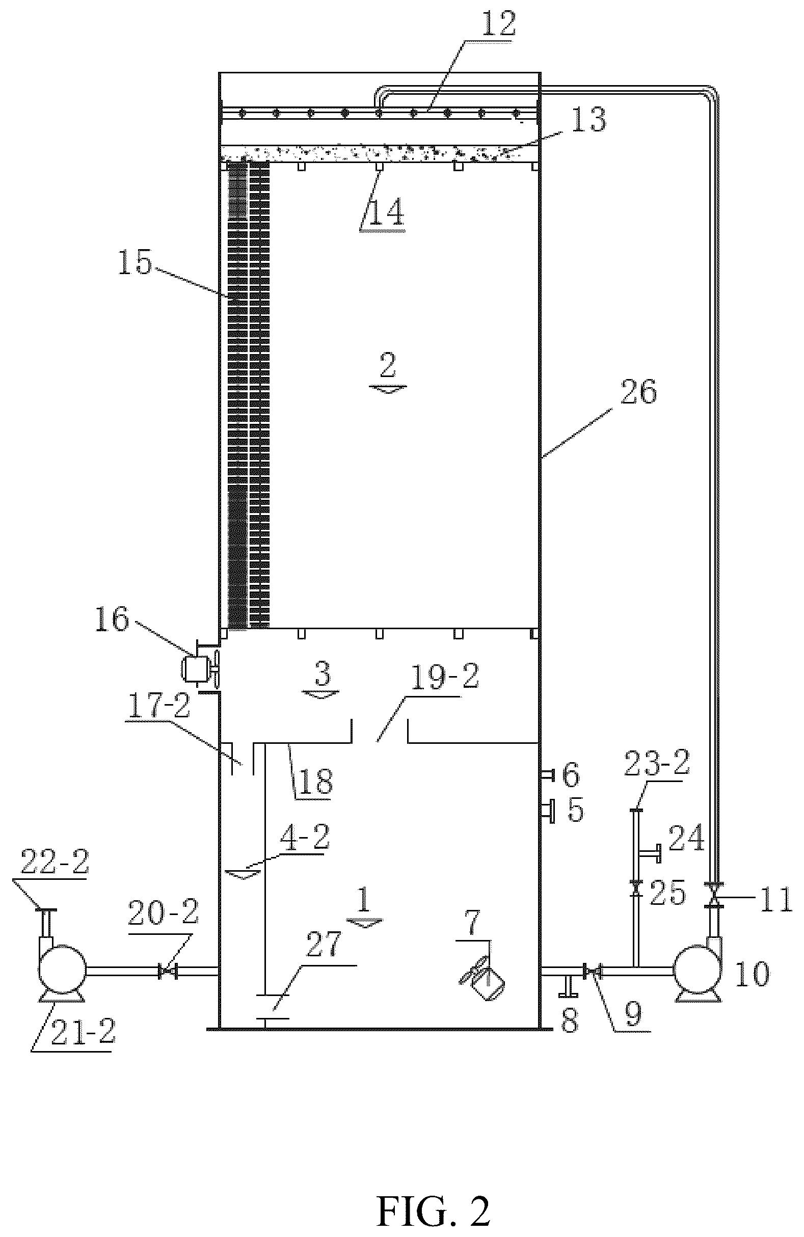 Patent US12103882 Figure 2 – A/O tower integrated device for biological treatment of organic sewage containing COD and nitrogen and method by using the same